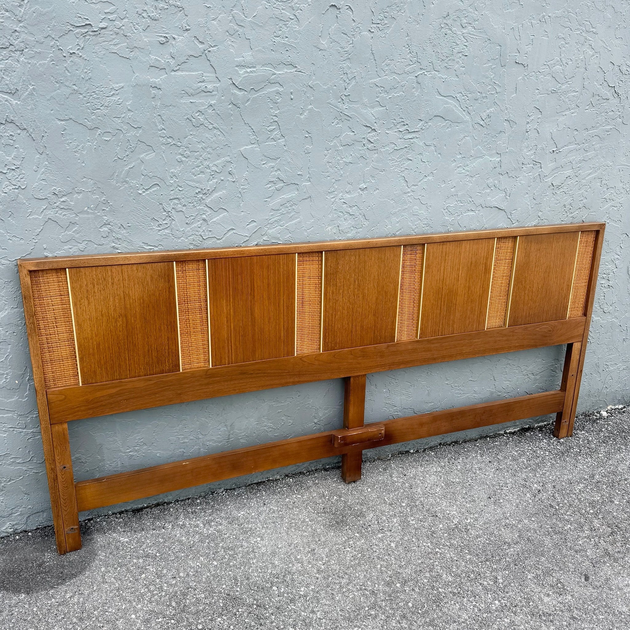 Mid Century Modern Teak and Can King Size Headboard With Gold Accents Dolphin & Flamingo