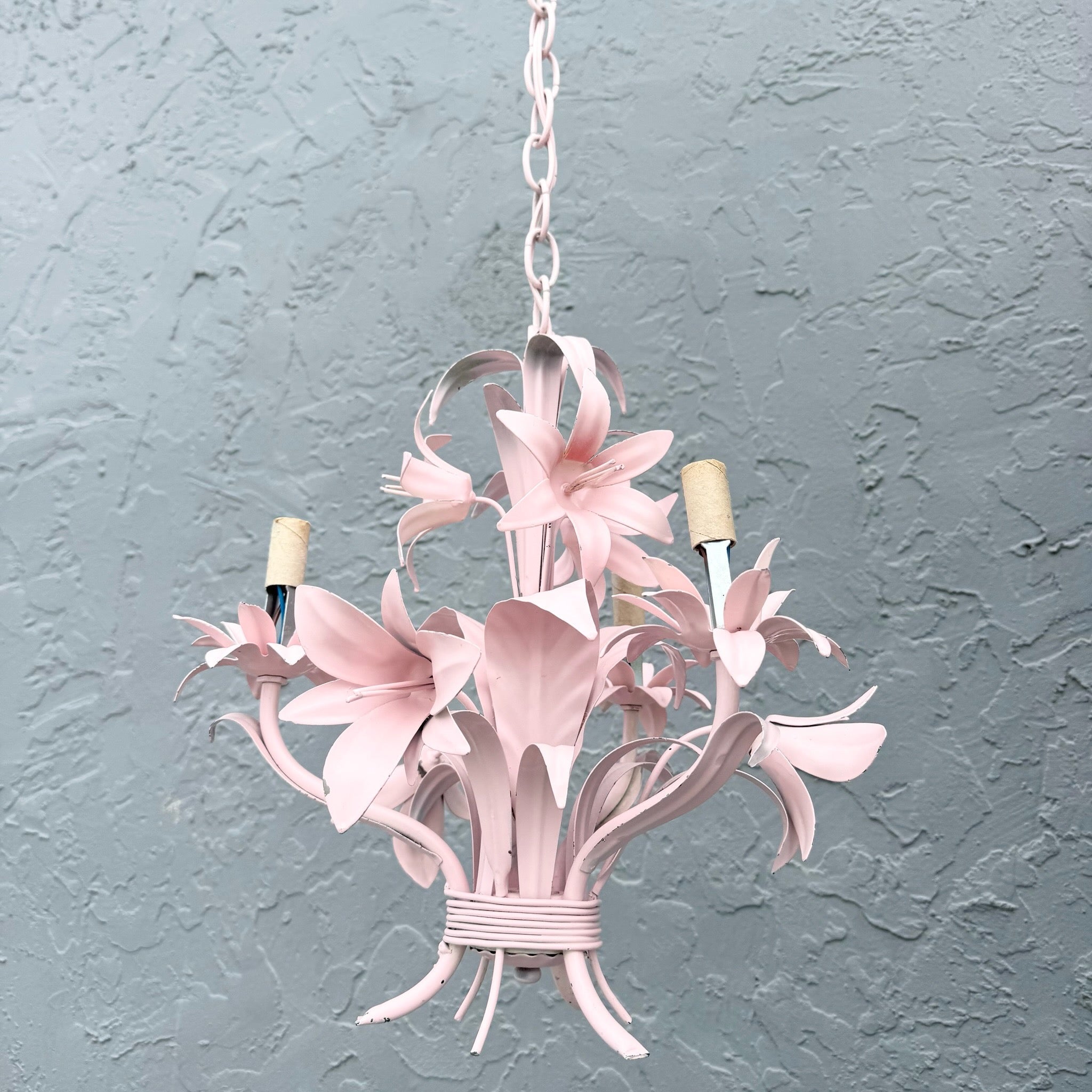 Vintage Italian Pink Tole Chandelier/Pendant Lamp Dolphin & Flamingo
