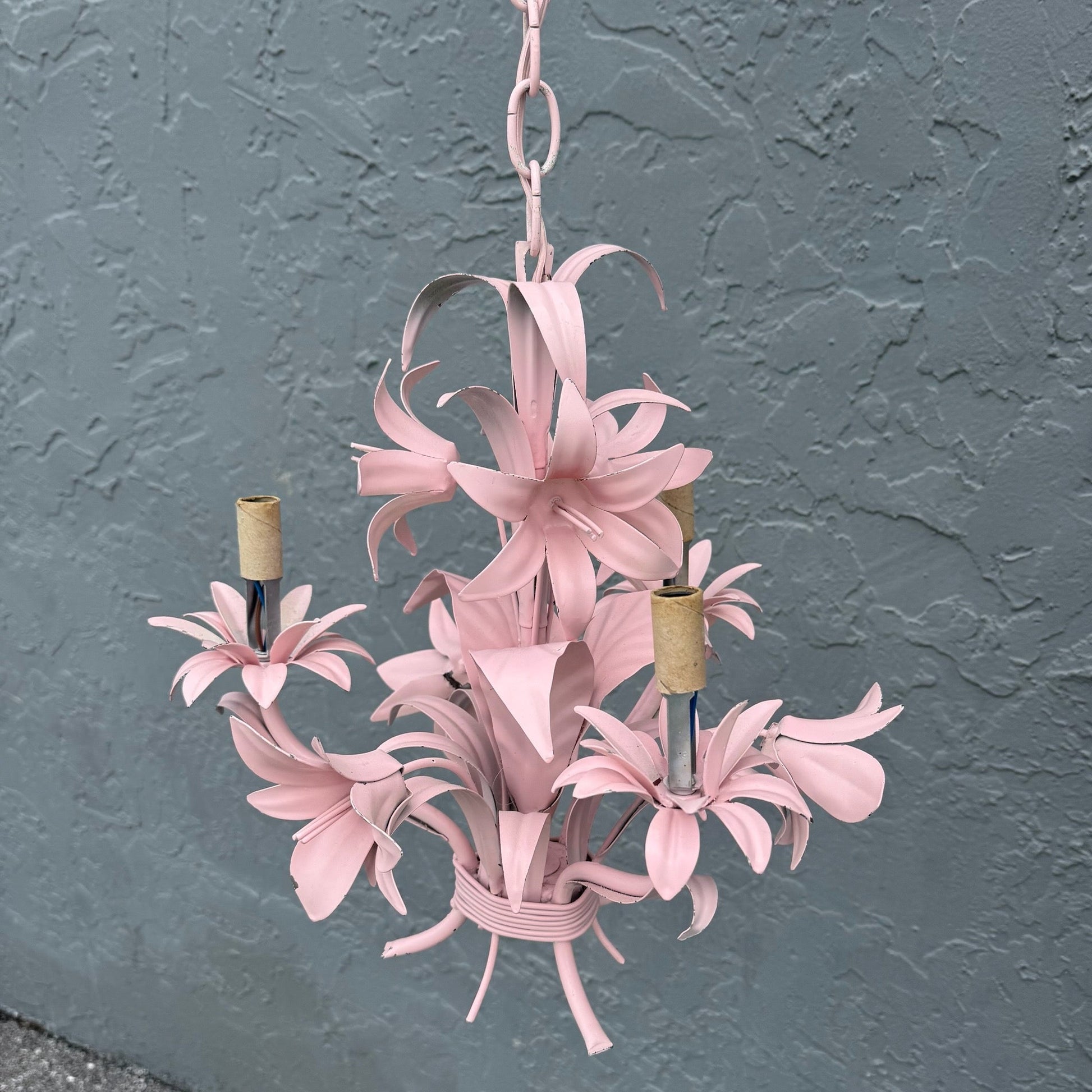 Vintage Italian Pink Tole Chandelier/Pendant Lamp Dolphin & Flamingo