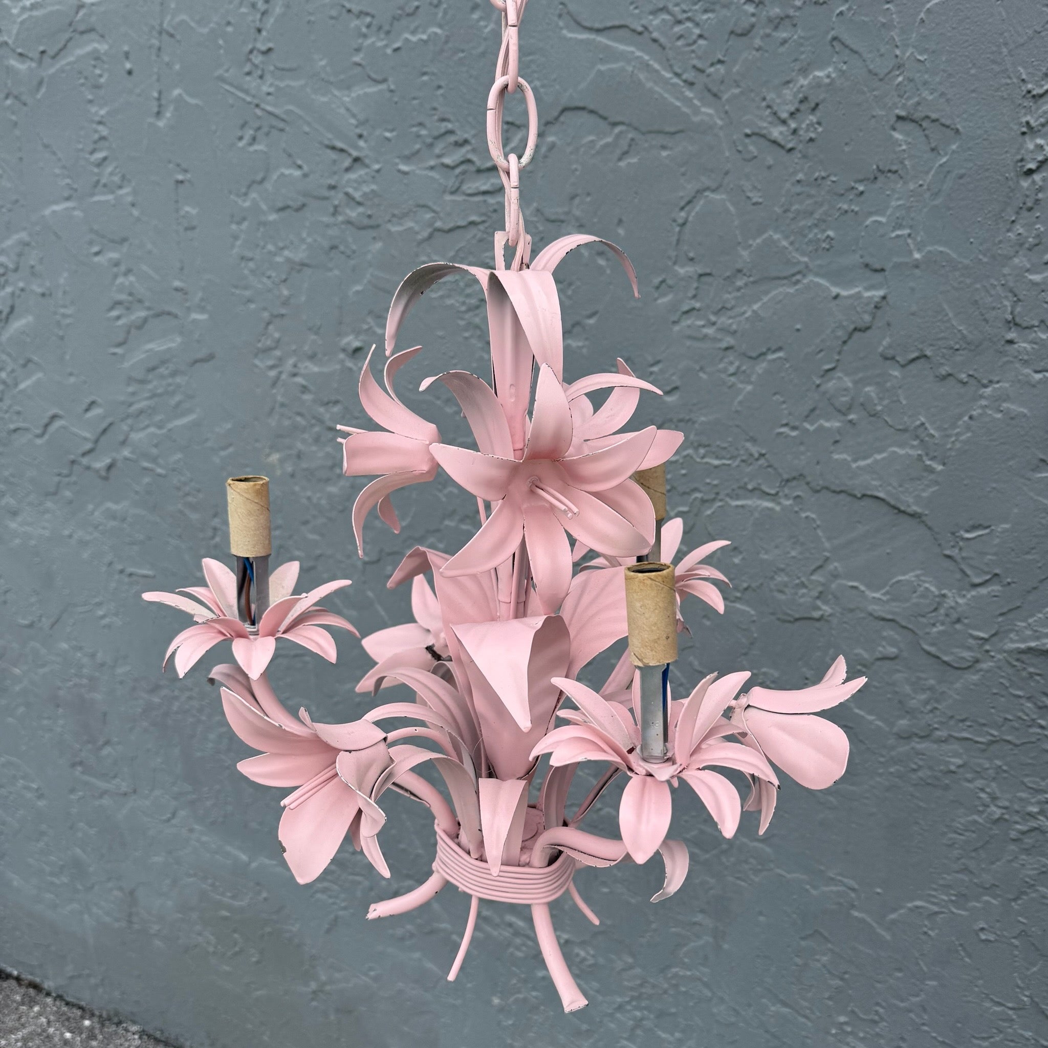 Vintage Italian Pink Tole Chandelier/Pendant Lamp Dolphin & Flamingo