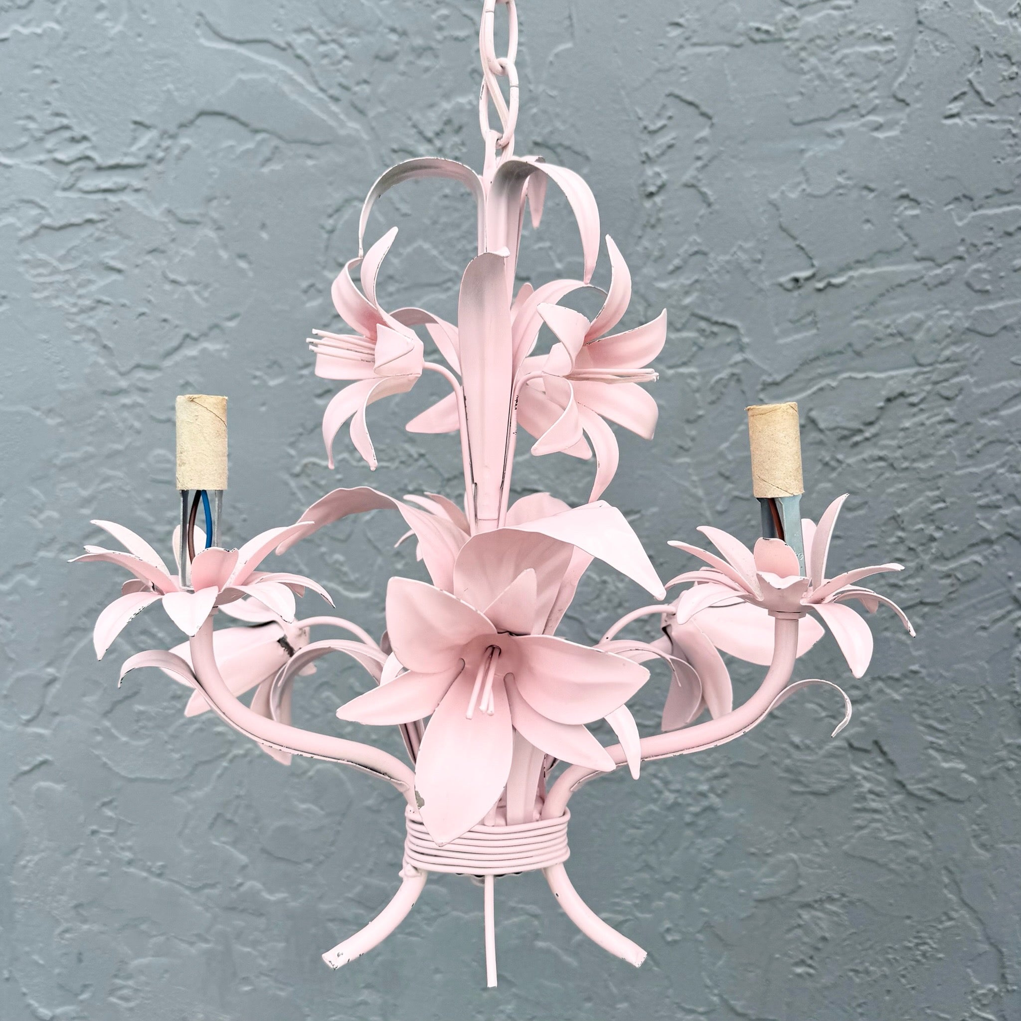 Vintage Italian Pink Tole Chandelier/Pendant Lamp Dolphin & Flamingo