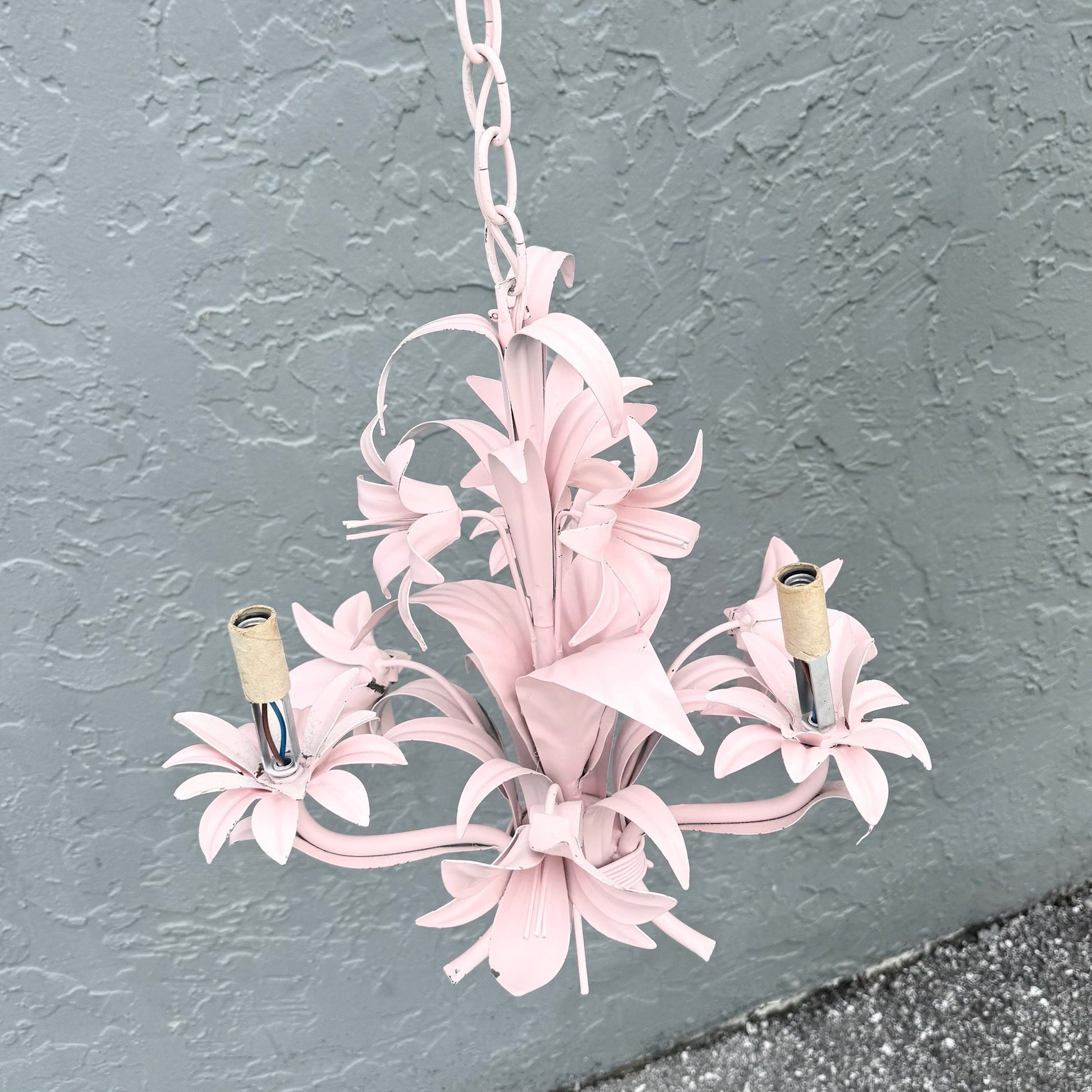 Vintage Italian Pink Tole Chandelier/Pendant Lamp Dolphin & Flamingo