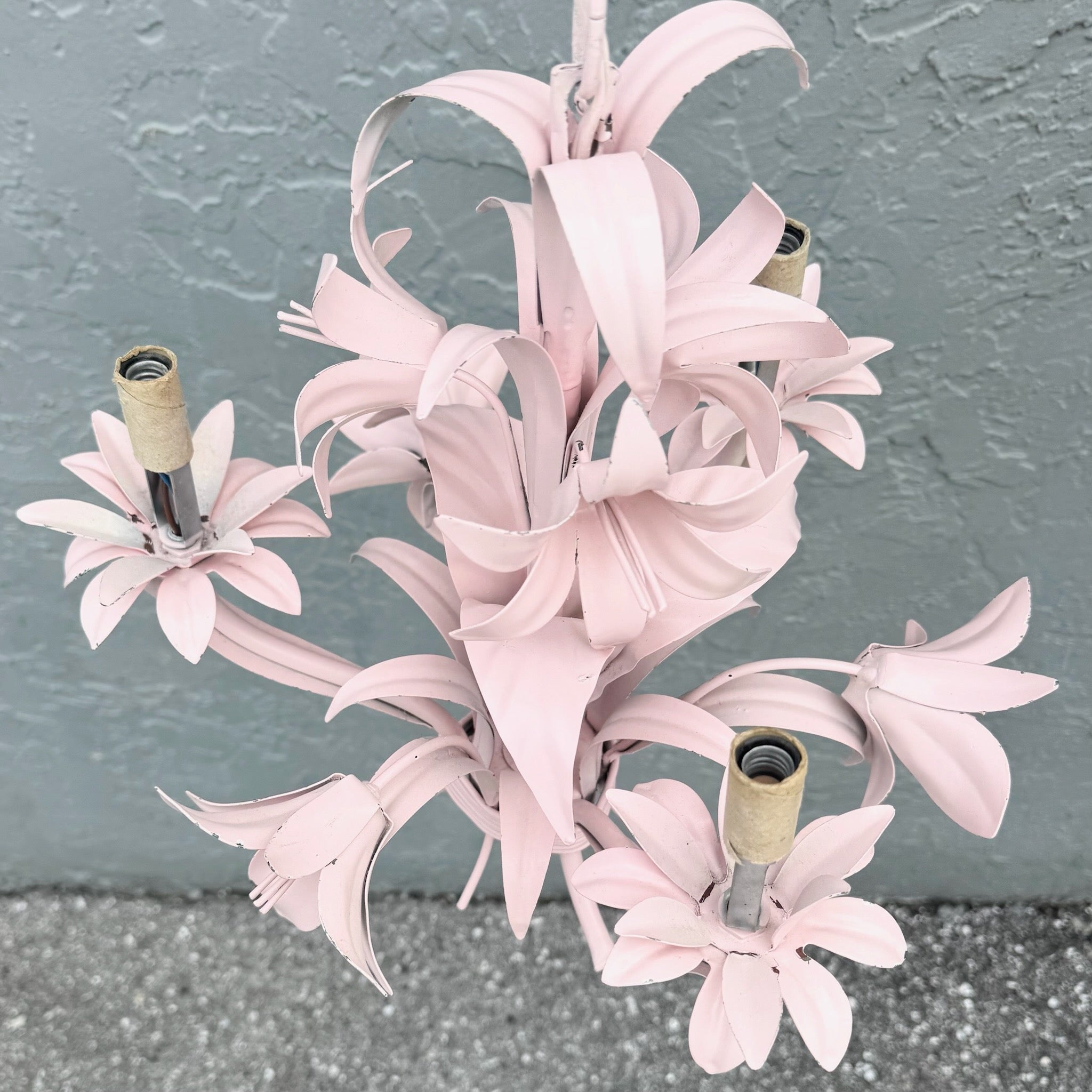 Vintage Italian Pink Tole Chandelier/Pendant Lamp Dolphin & Flamingo