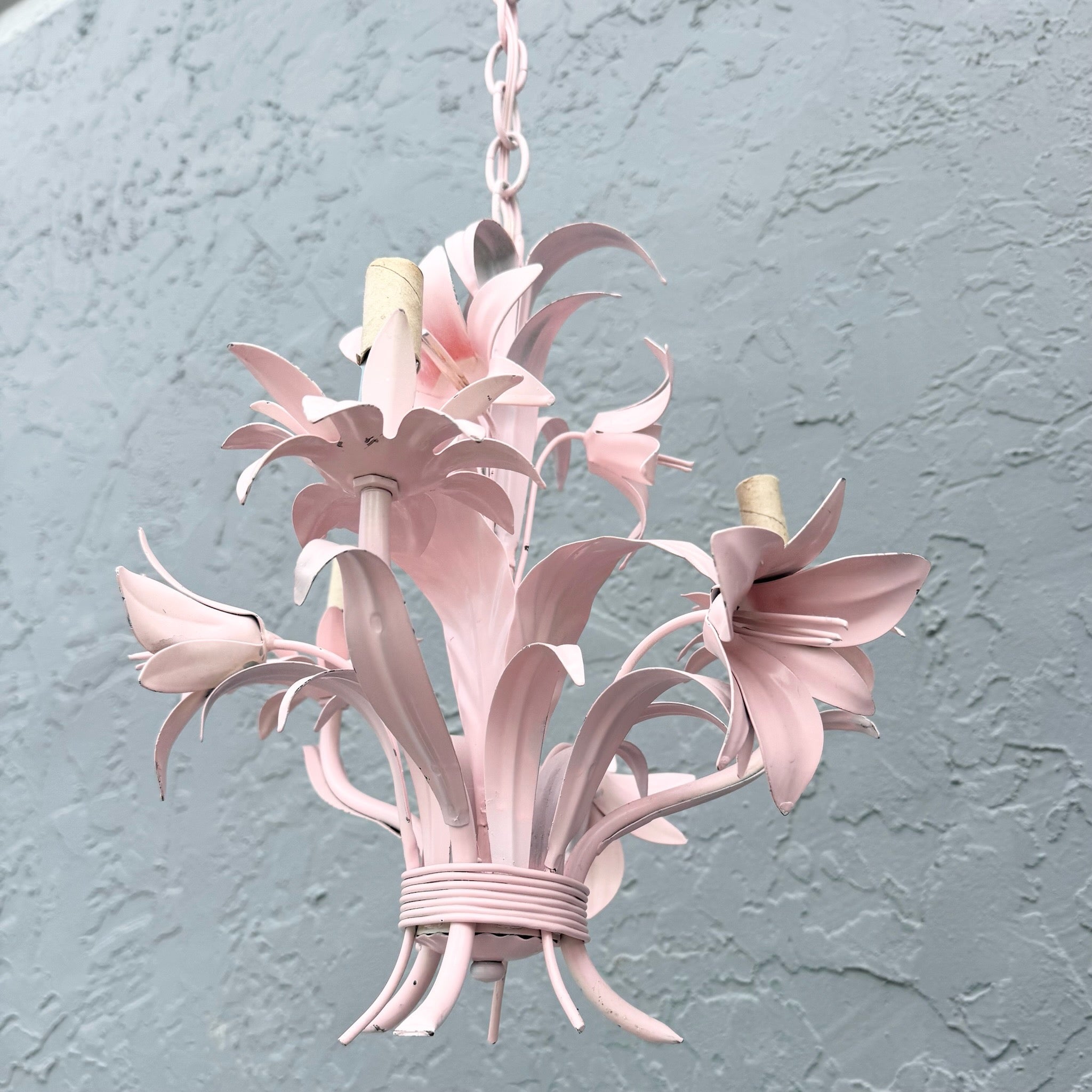 Vintage Italian Pink Tole Chandelier/Pendant Lamp Dolphin & Flamingo