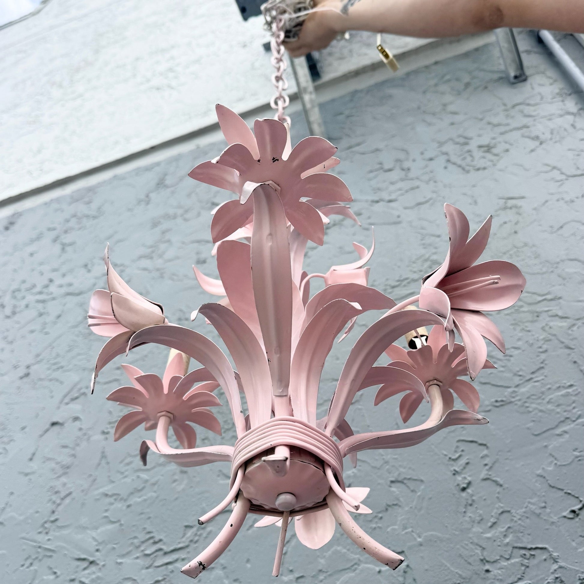 Vintage Italian Pink Tole Chandelier/Pendant Lamp Dolphin & Flamingo
