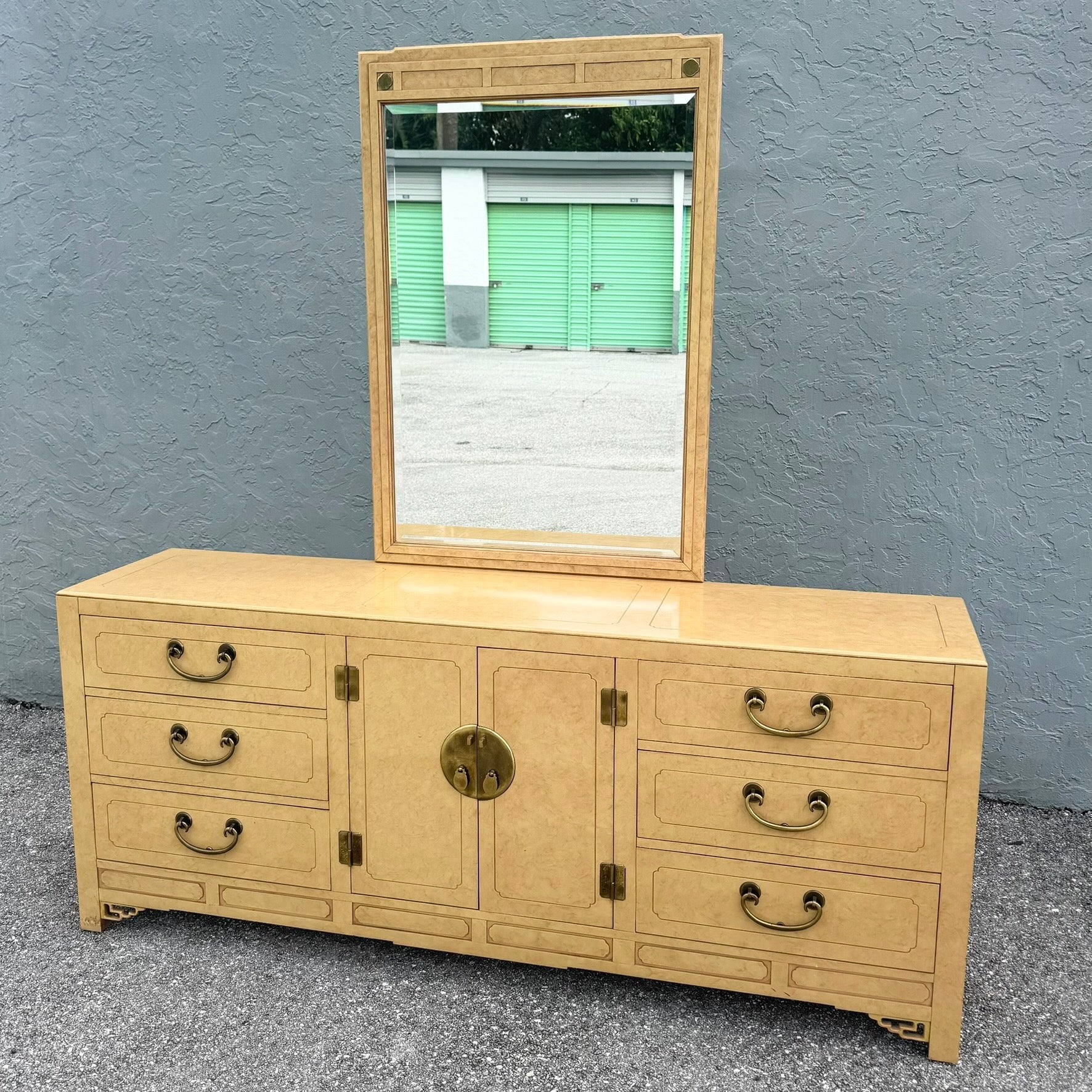 Vintage Chinoiserie Dresser and Mirror With Brass Accents by White Furniture Dolphin & Flamingo