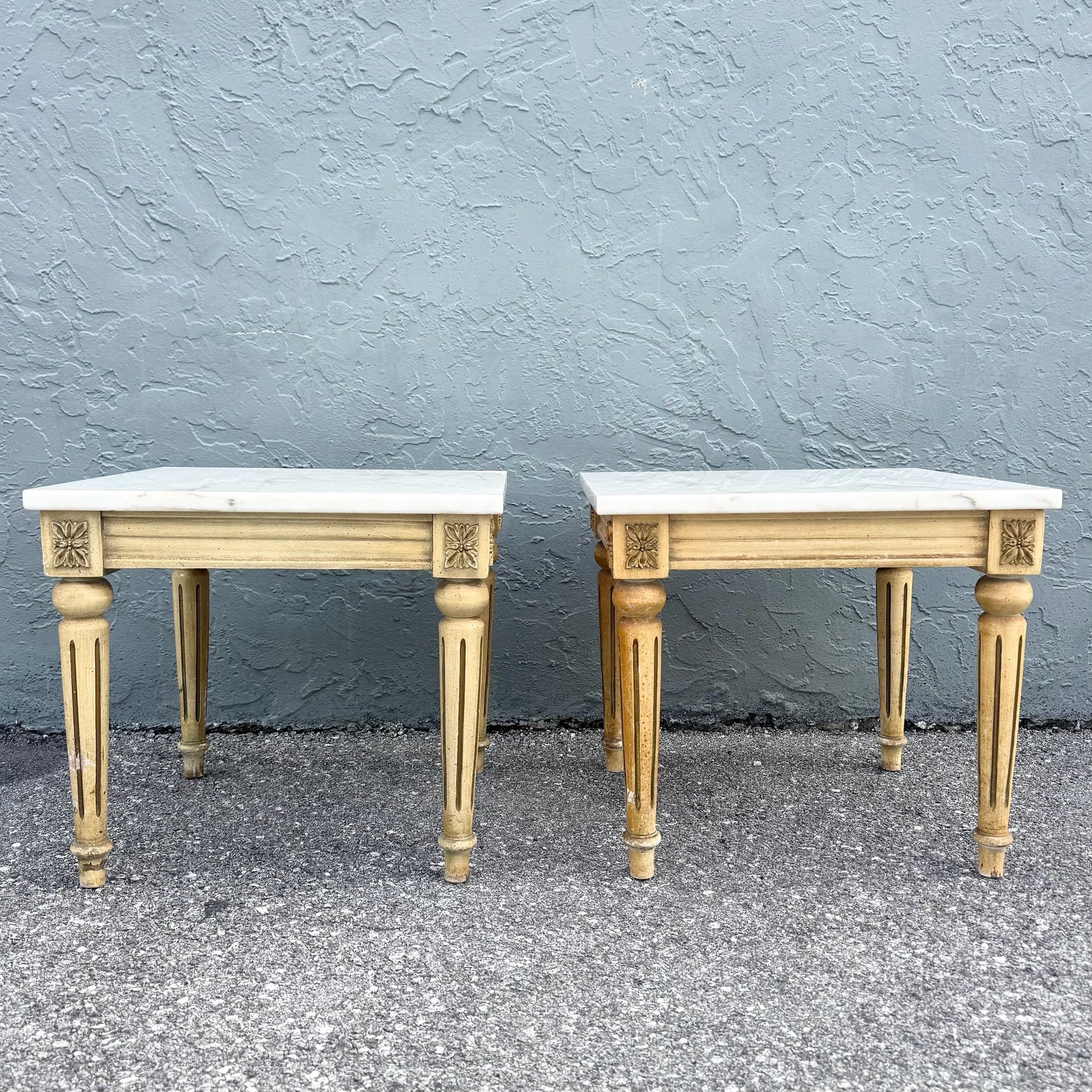 Neoclassical Portuguese Marble Top Wooden Side Tables - A Pair Dolphin & Flamingo