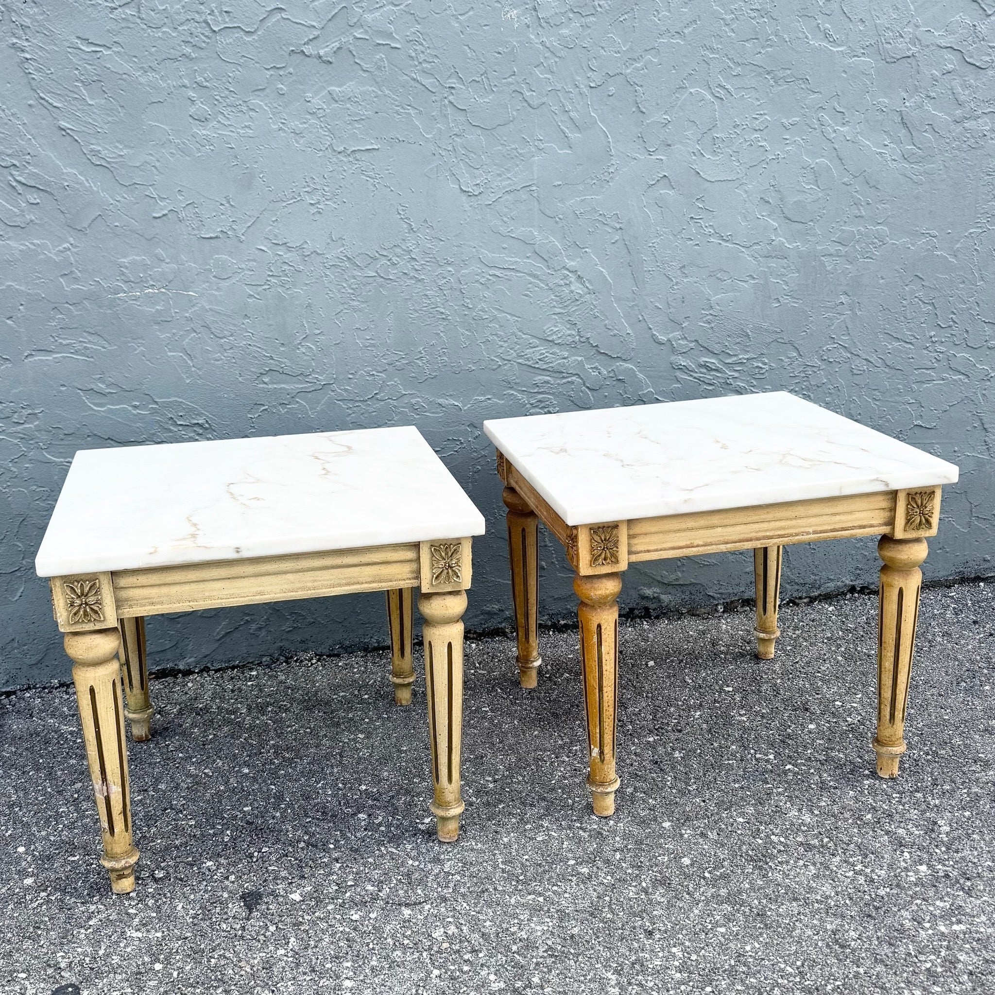 Neoclassical Portuguese Marble Top Wooden Side Tables - A Pair Dolphin & Flamingo