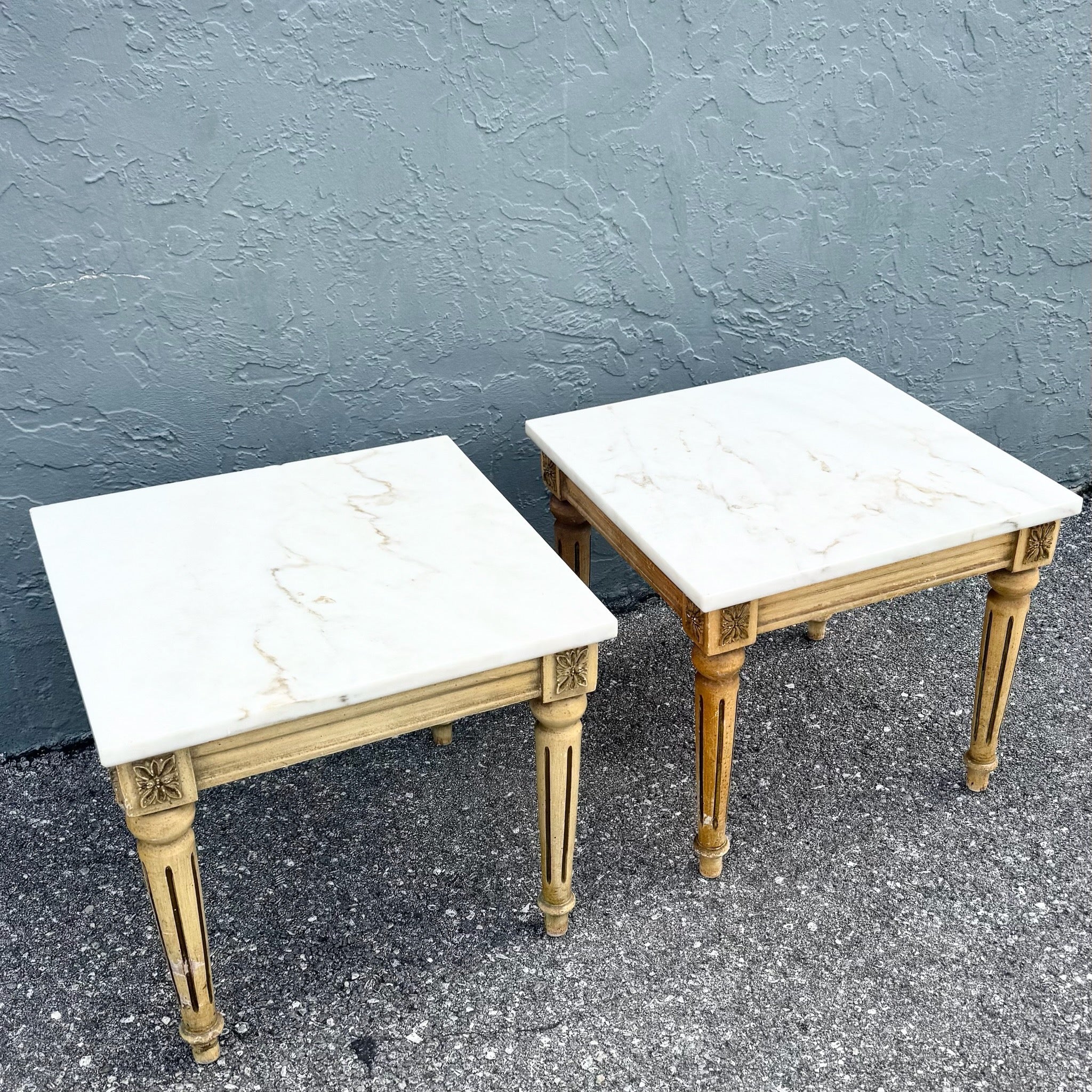 Neoclassical Portuguese Marble Top Wooden Side Tables - A Pair Dolphin & Flamingo