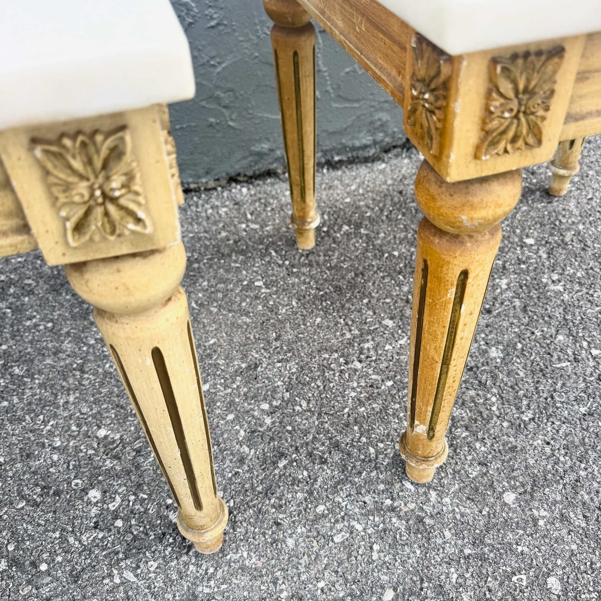 Neoclassical Portuguese Marble Top Wooden Side Tables - A Pair Dolphin & Flamingo