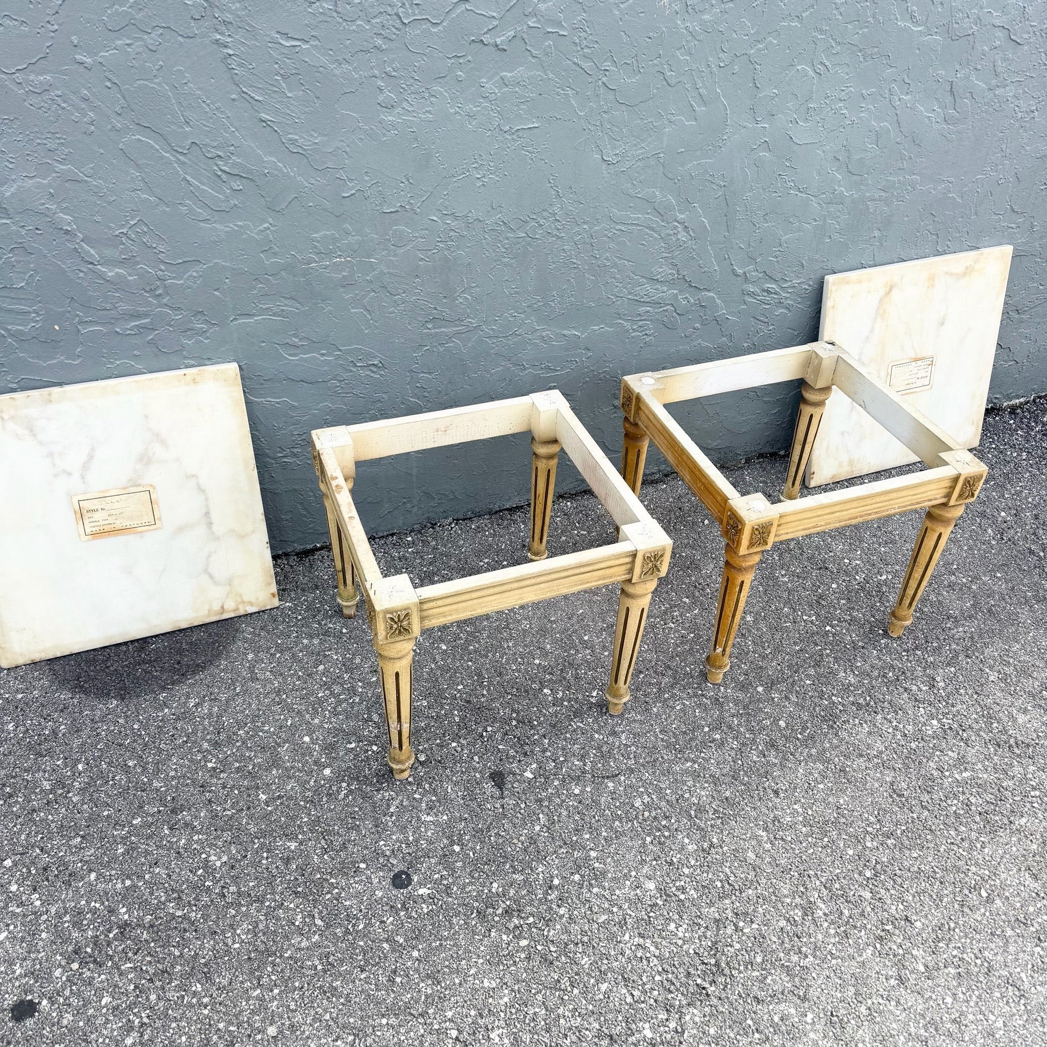 Neoclassical Portuguese Marble Top Wooden Side Tables - A Pair Dolphin & Flamingo