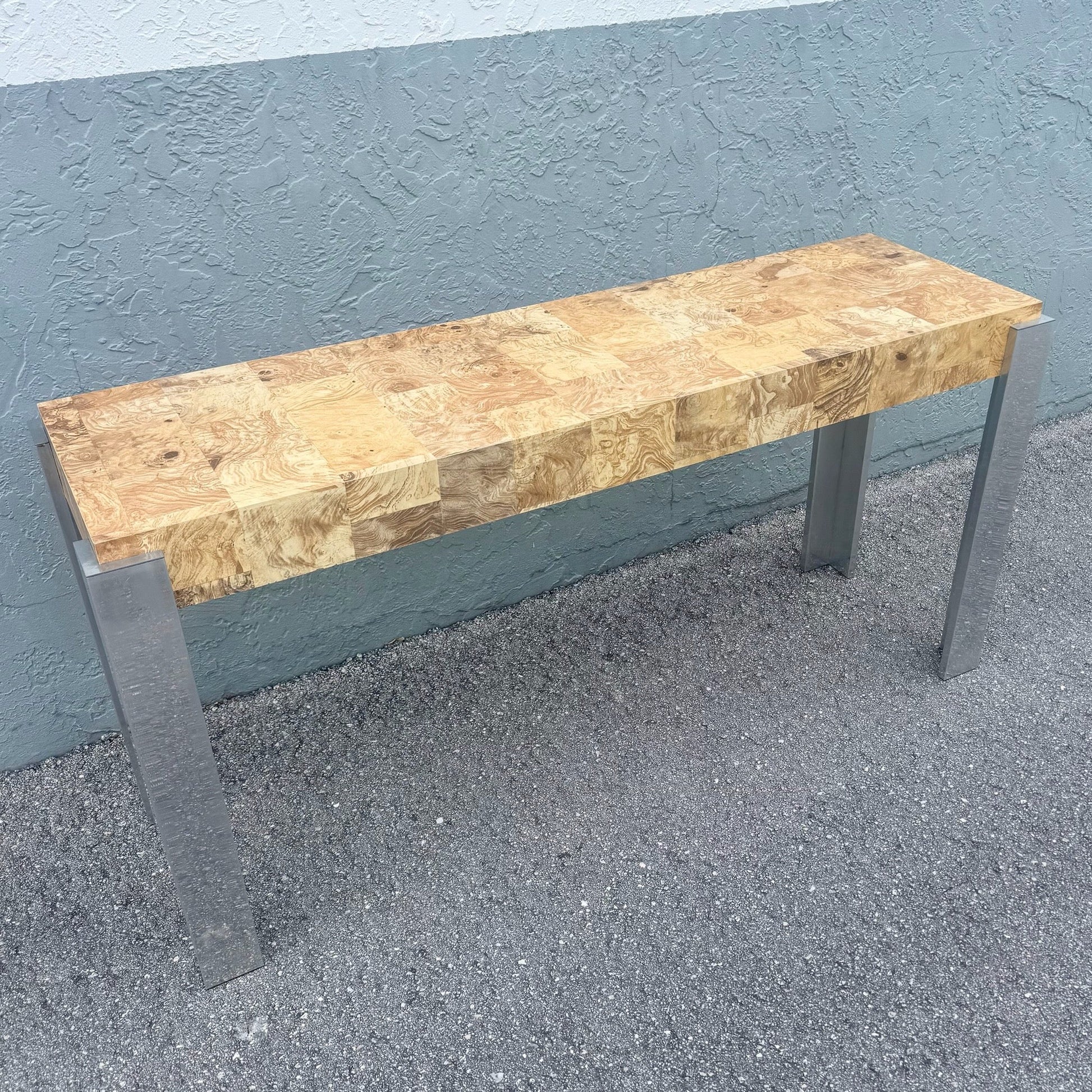 Mid-Century Modern Burlwood Laminate and Chrome Console Table Dolphin & Flamingo