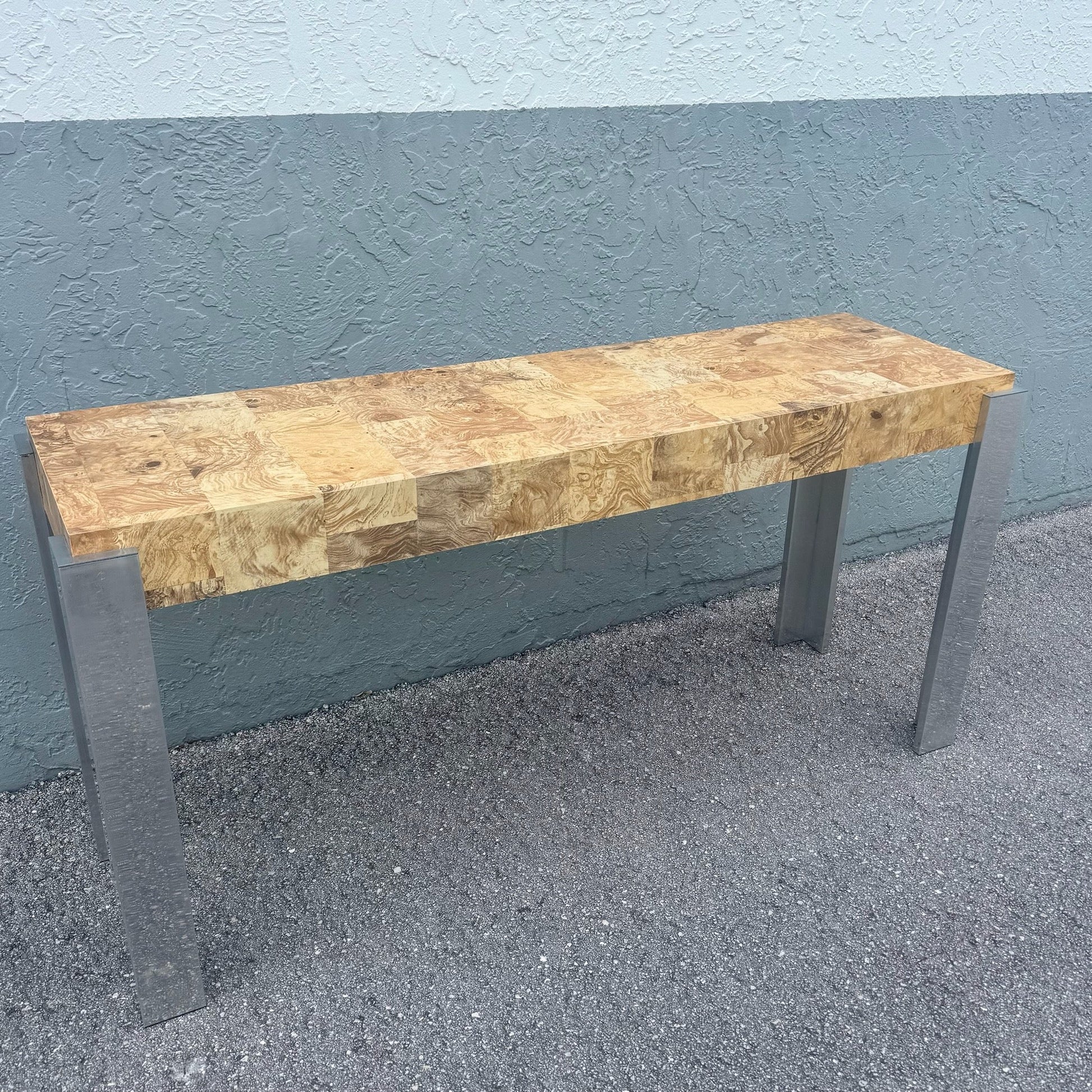 Mid-Century Modern Burlwood Laminate and Chrome Console Table Dolphin & Flamingo