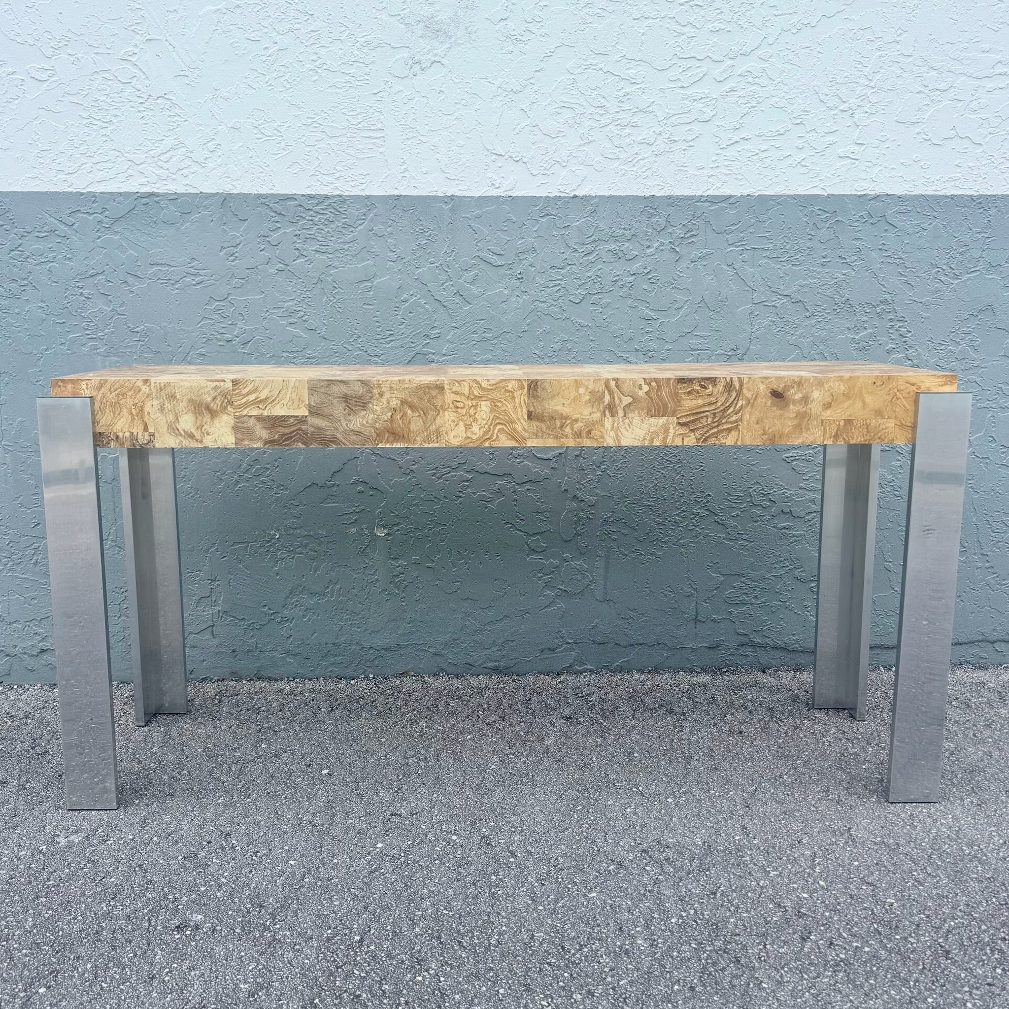 Mid-Century Modern Burlwood Laminate and Chrome Console Table Dolphin & Flamingo