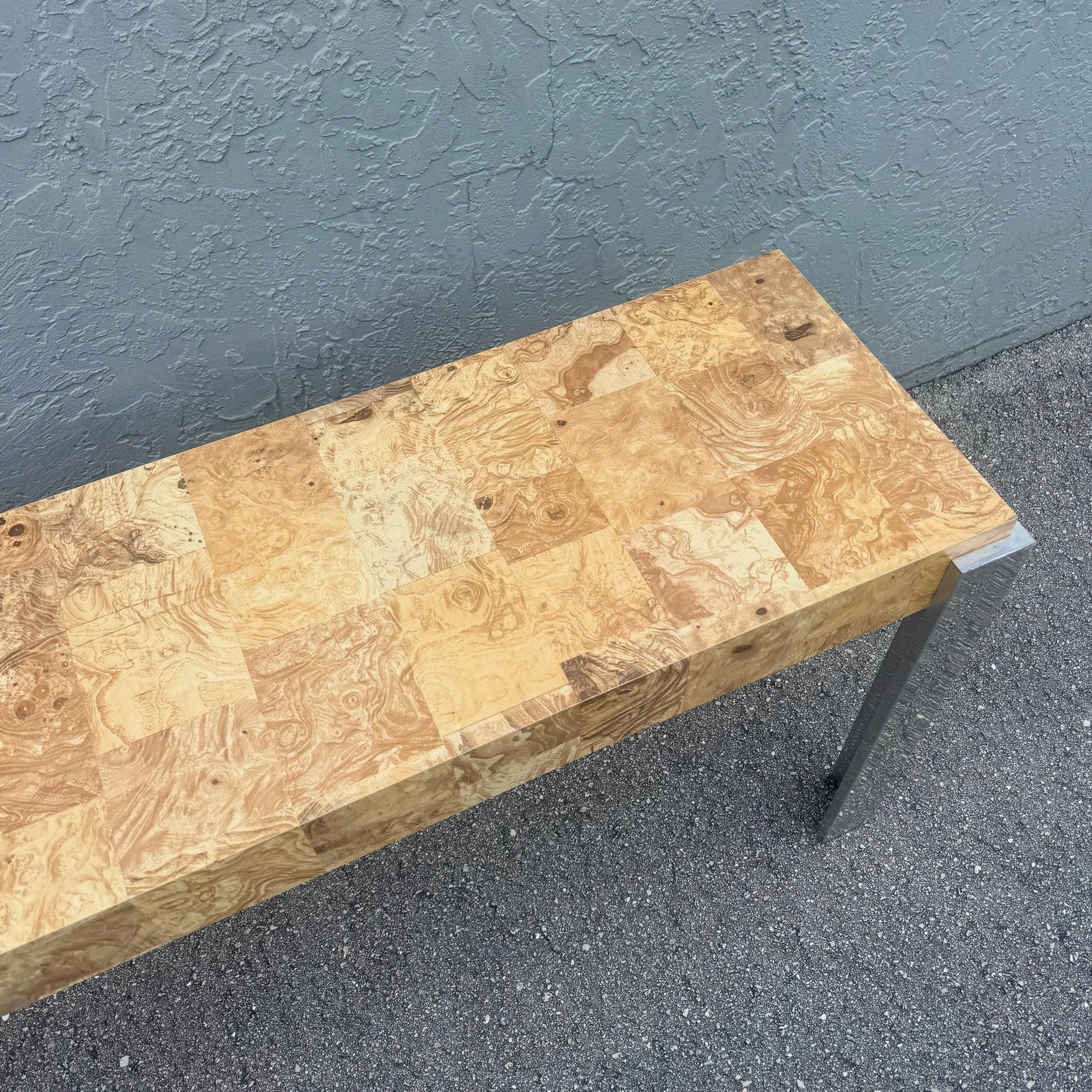 Mid-Century Modern Burlwood Laminate and Chrome Console Table Dolphin & Flamingo