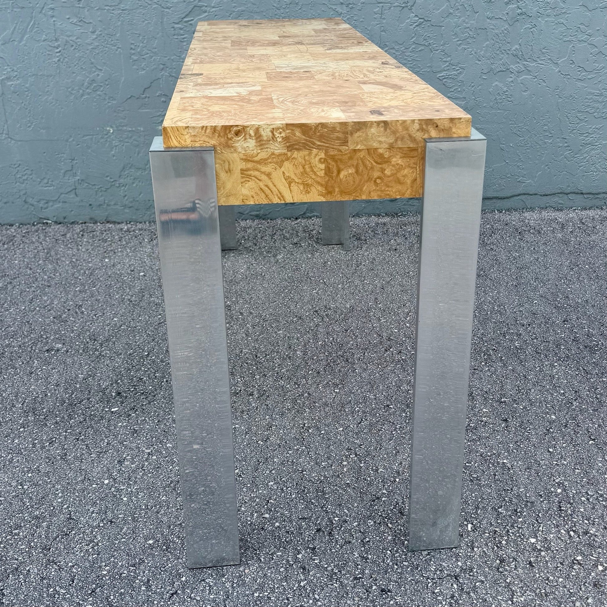 Mid-Century Modern Burlwood Laminate and Chrome Console Table Dolphin & Flamingo