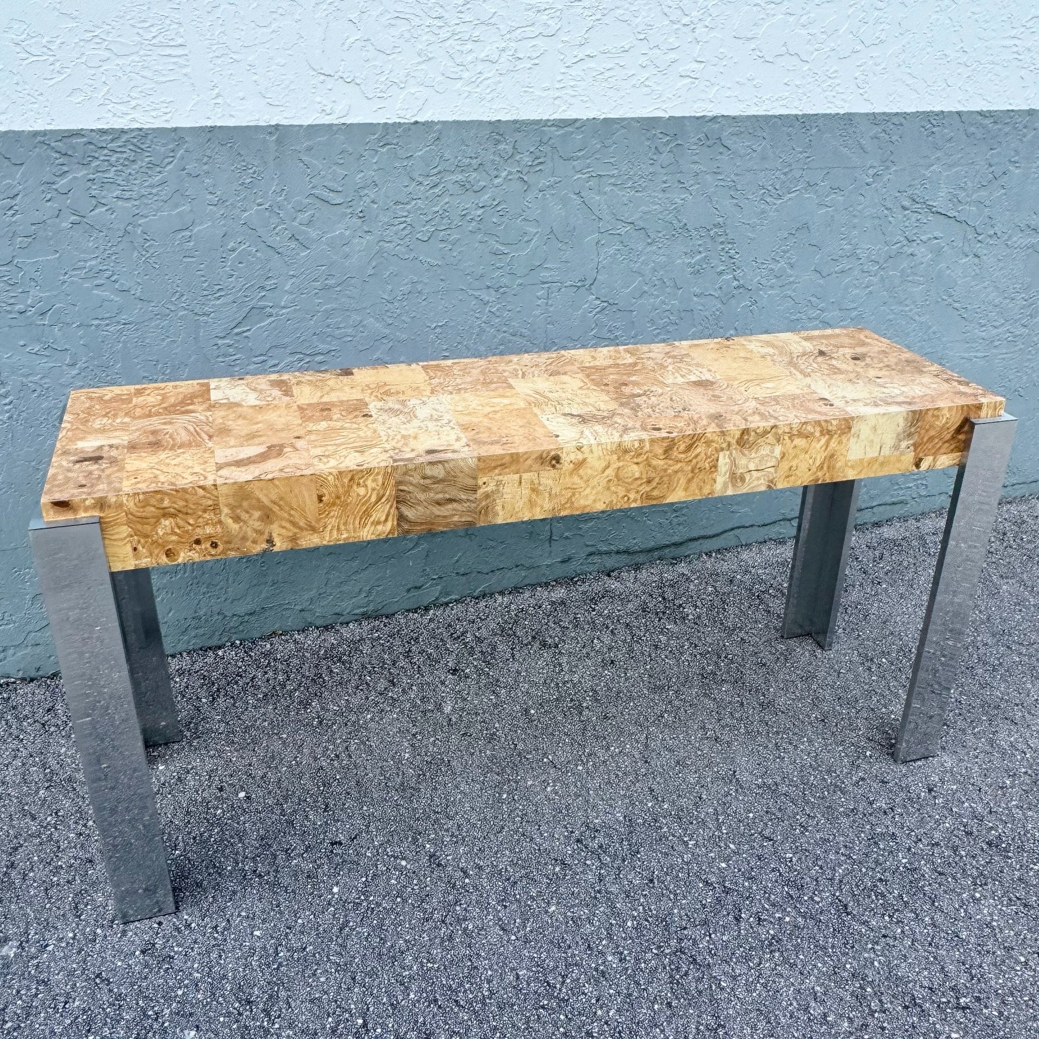 Mid-Century Modern Burlwood Laminate and Chrome Console Table Dolphin & Flamingo