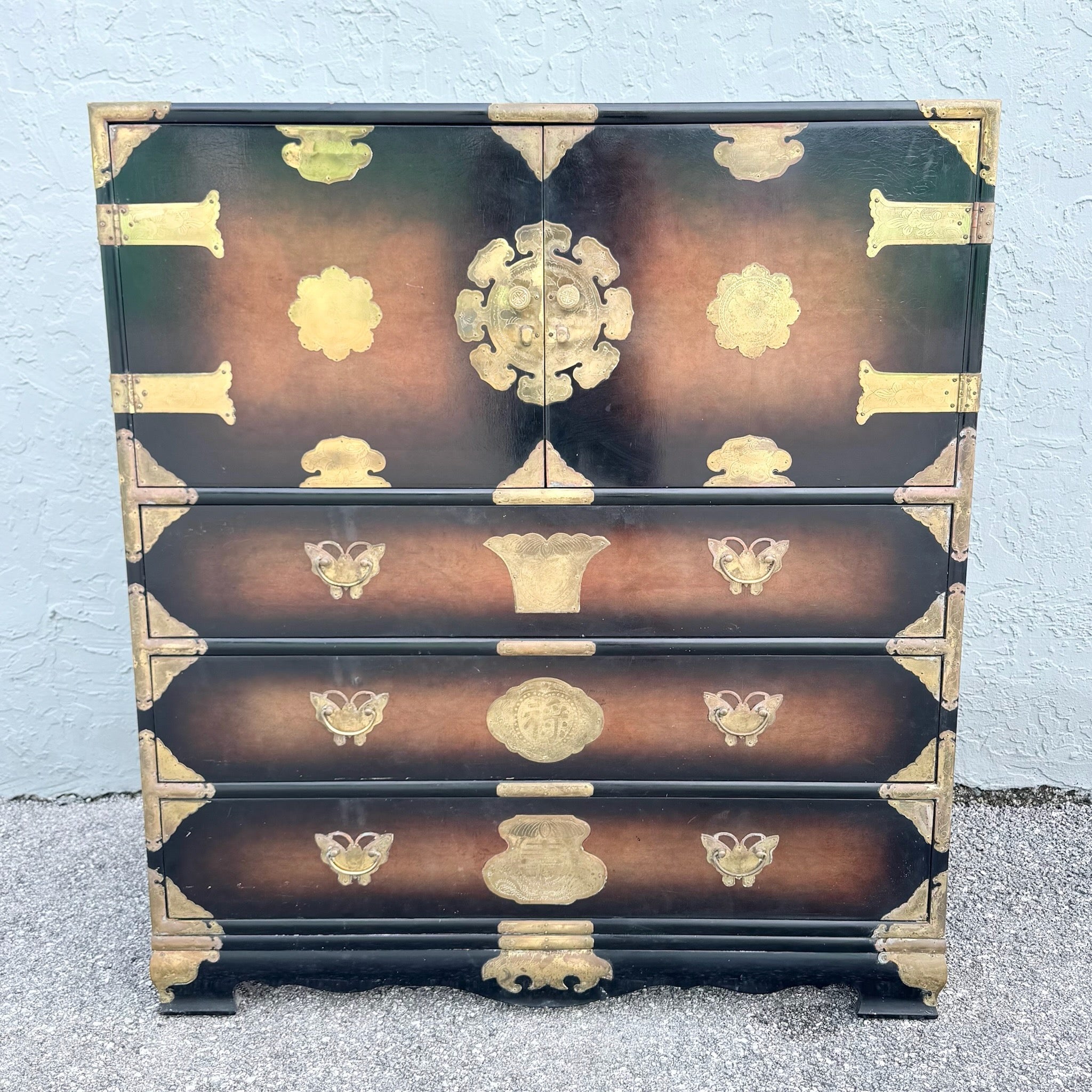 Vintage Chinese Burlwood and Brass Highboy Dresser Dolphin & Flamingo