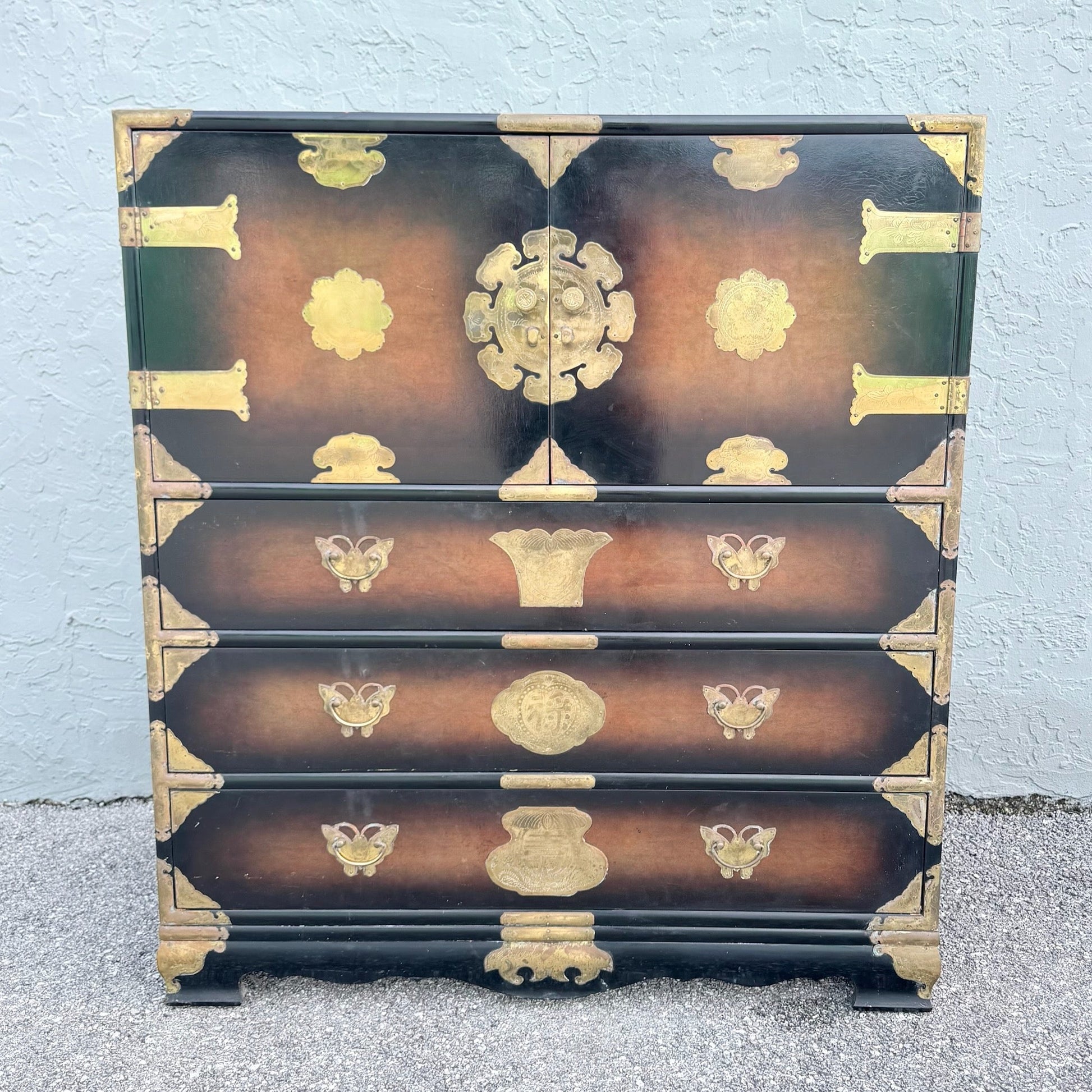 Vintage Chinese Burlwood and Brass Highboy Dresser Dolphin & Flamingo