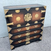 Vintage Chinese Burlwood and Brass Highboy Dresser Dolphin & Flamingo