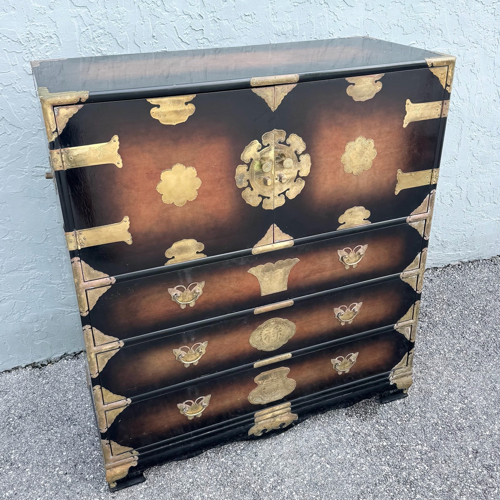 Vintage Chinese Burlwood and Brass Highboy Dresser Dolphin & Flamingo