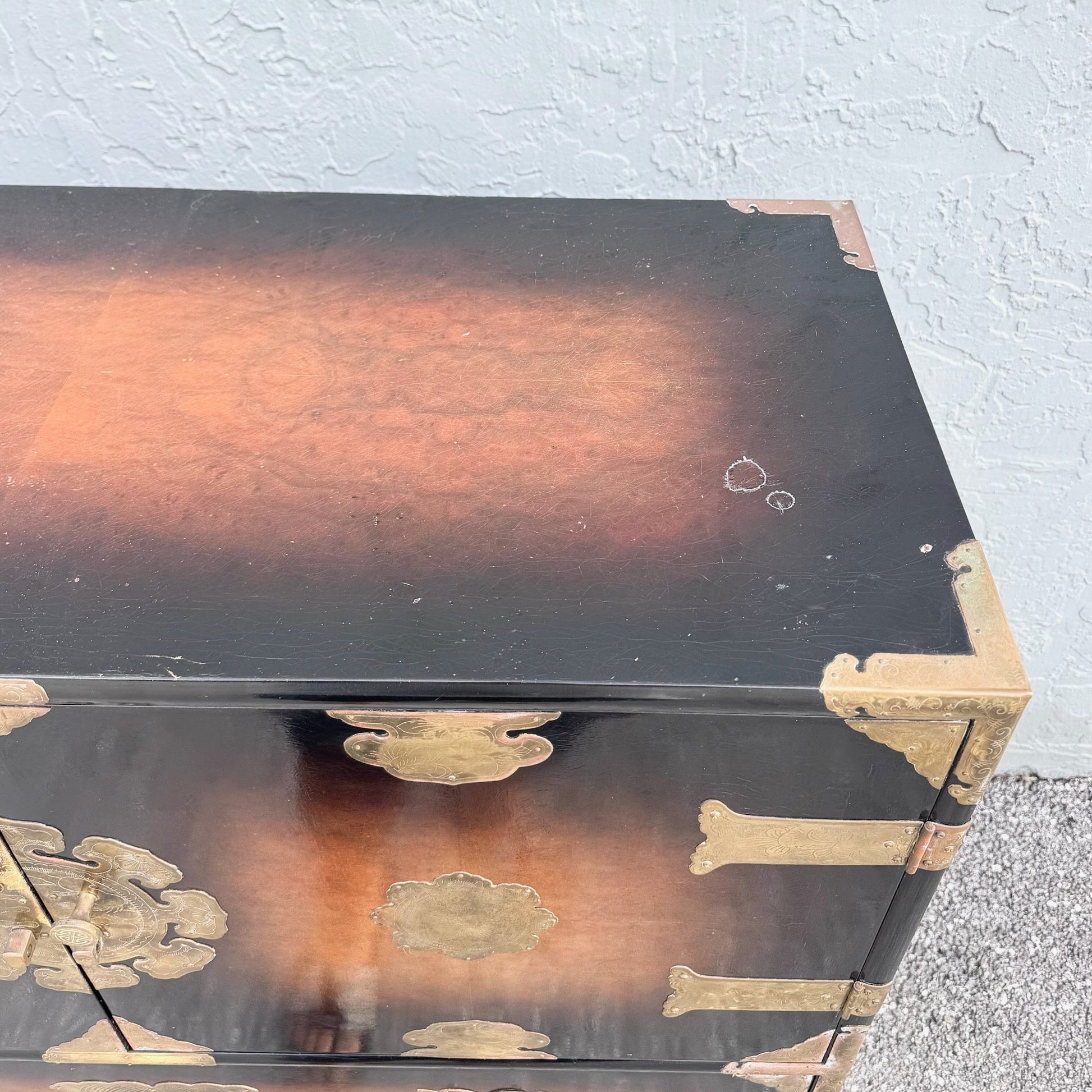 Vintage Chinese Burlwood and Brass Highboy Dresser Dolphin & Flamingo