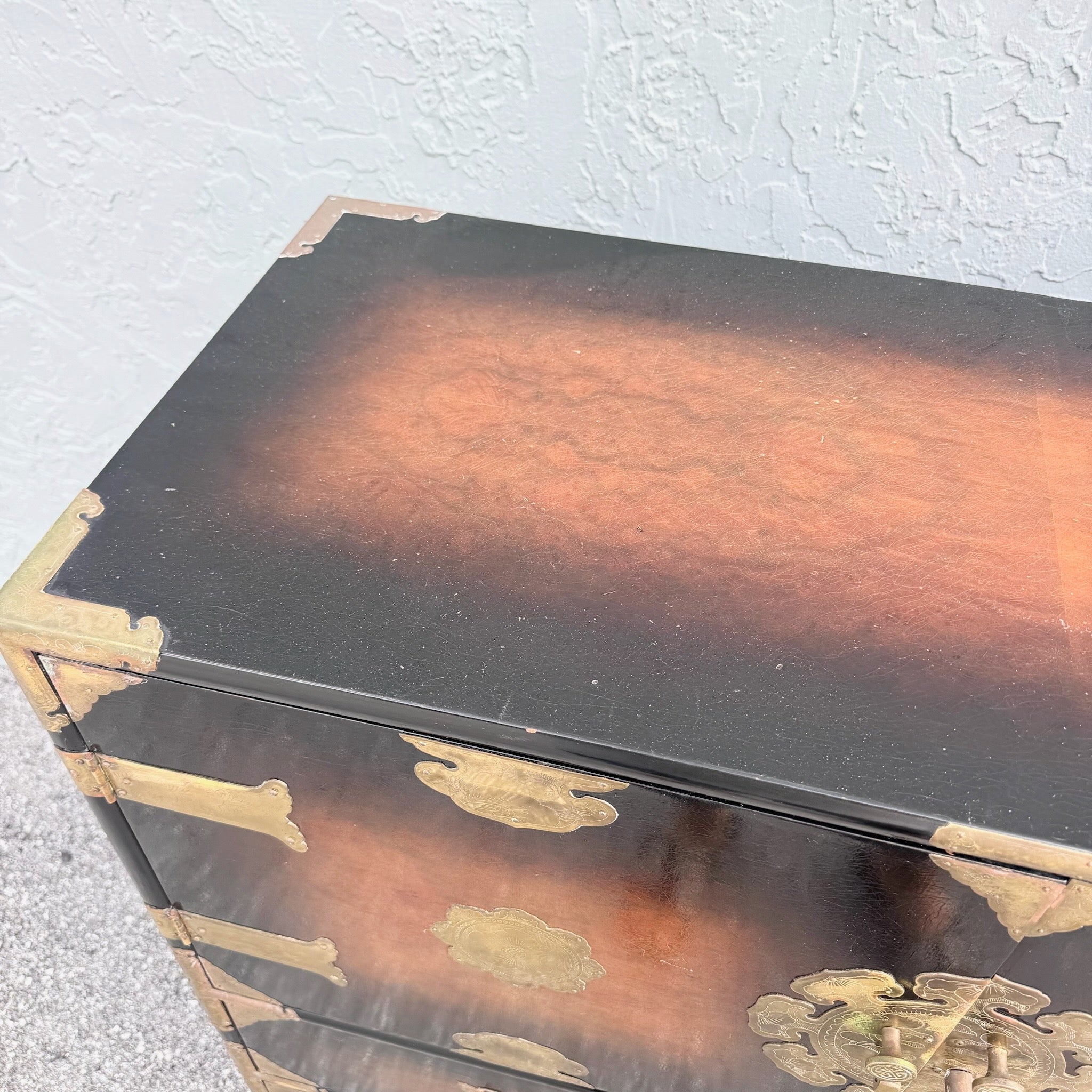 Vintage Chinese Burlwood and Brass Highboy Dresser Dolphin & Flamingo