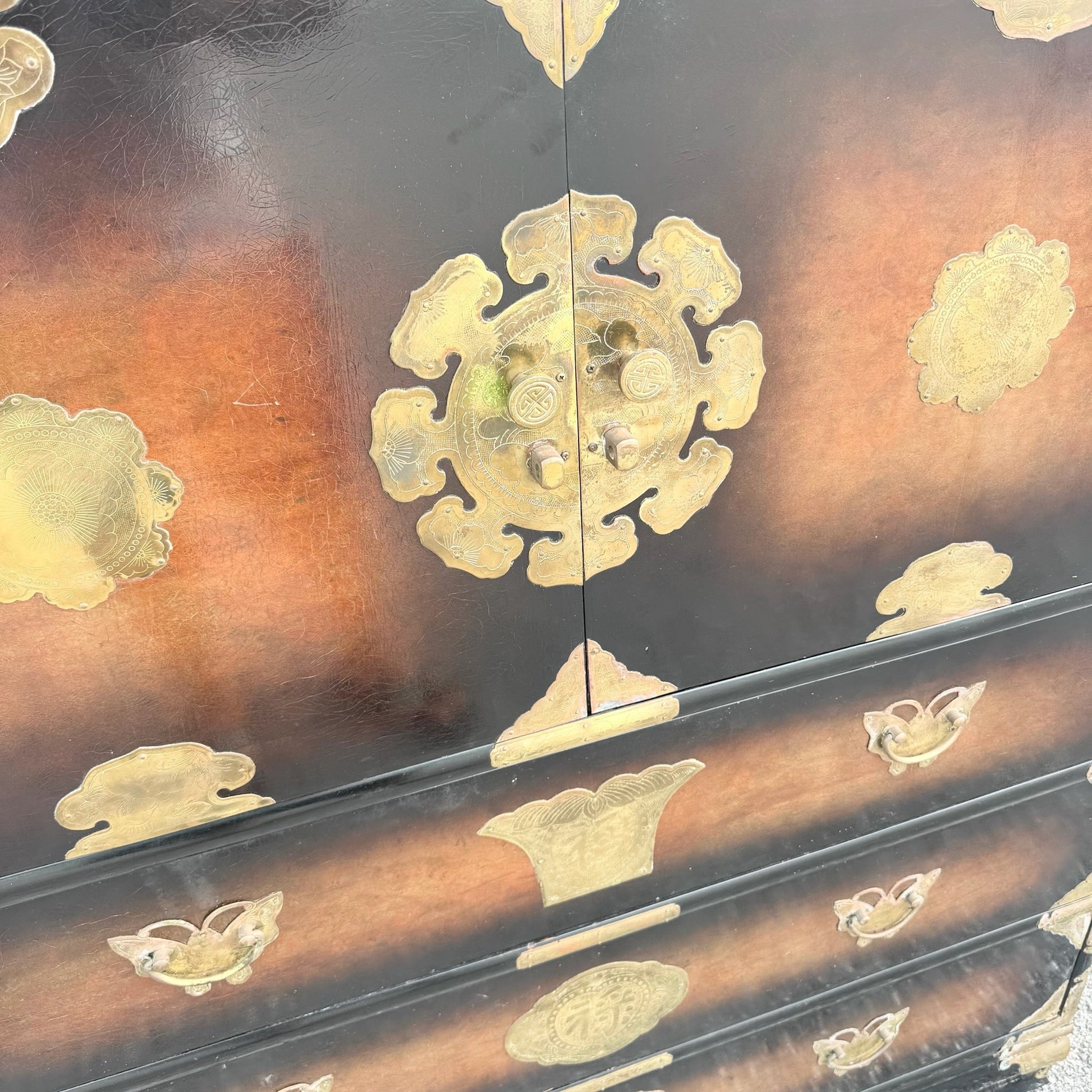 Vintage Chinese Burlwood and Brass Highboy Dresser Dolphin & Flamingo