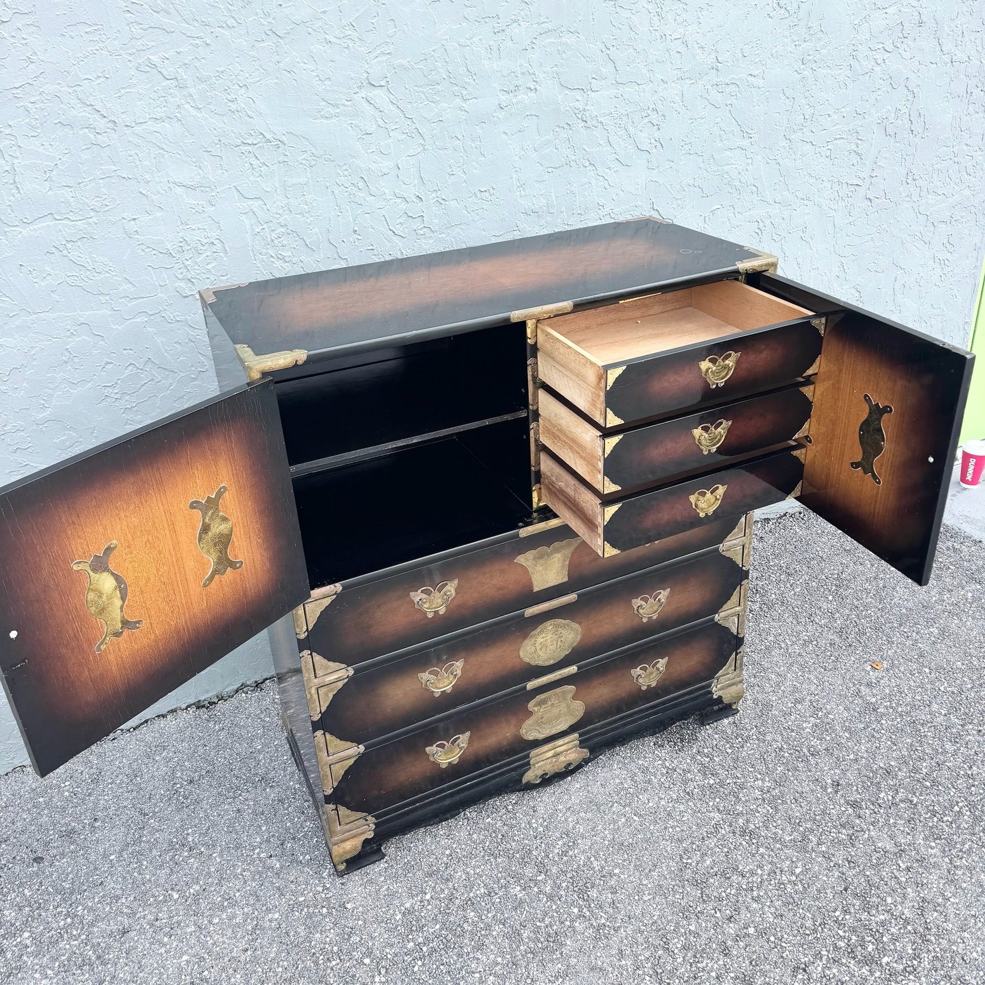 Vintage Chinese Burlwood and Brass Highboy Dresser Dolphin & Flamingo