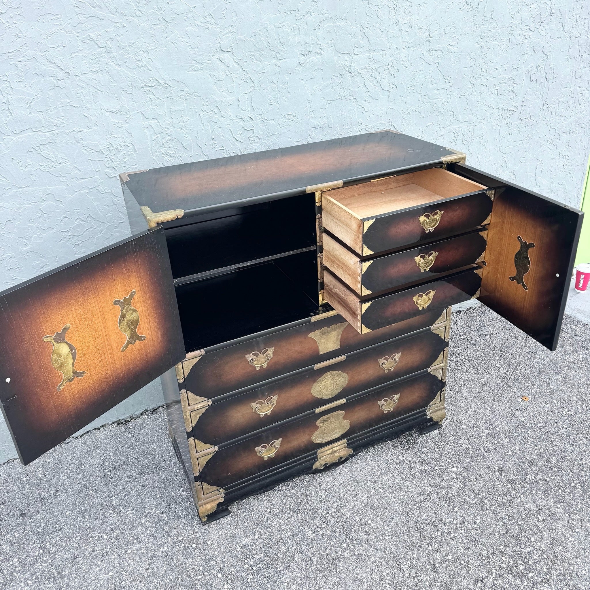 Vintage Chinese Burlwood and Brass Highboy Dresser Dolphin & Flamingo