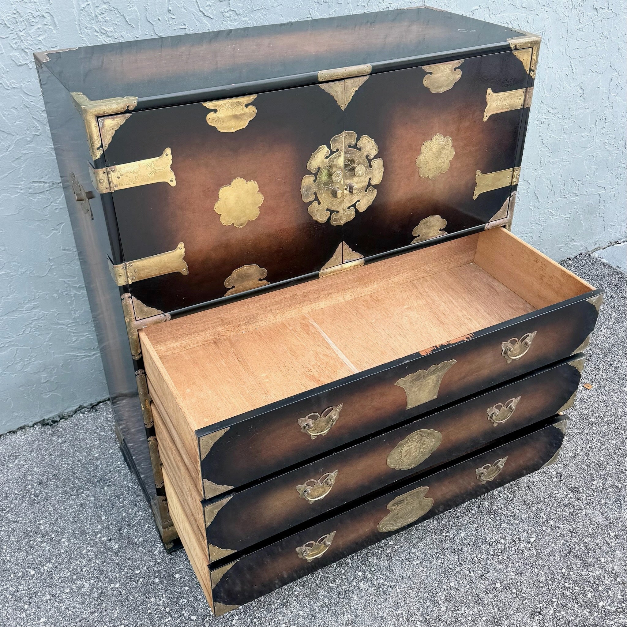 Vintage Chinese Burlwood and Brass Highboy Dresser Dolphin & Flamingo