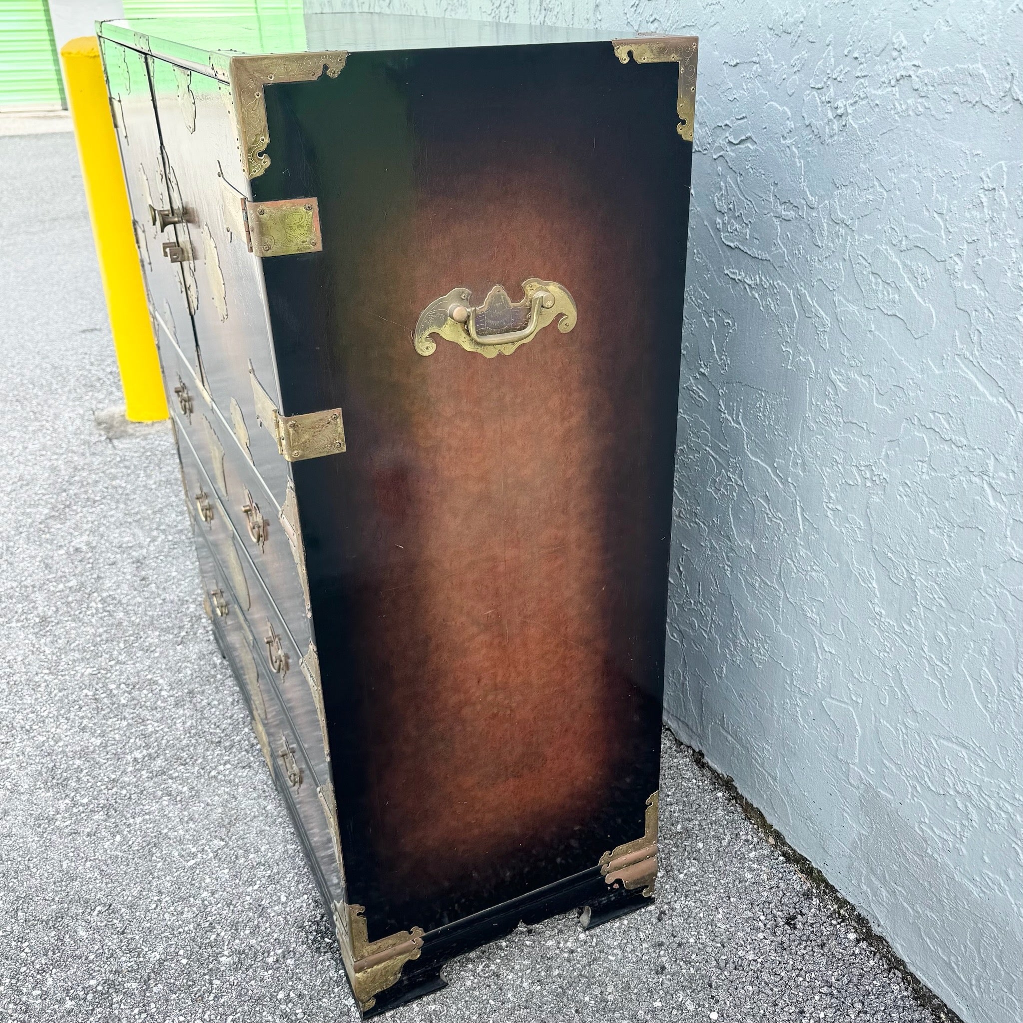 Vintage Chinese Burlwood and Brass Highboy Dresser Dolphin & Flamingo