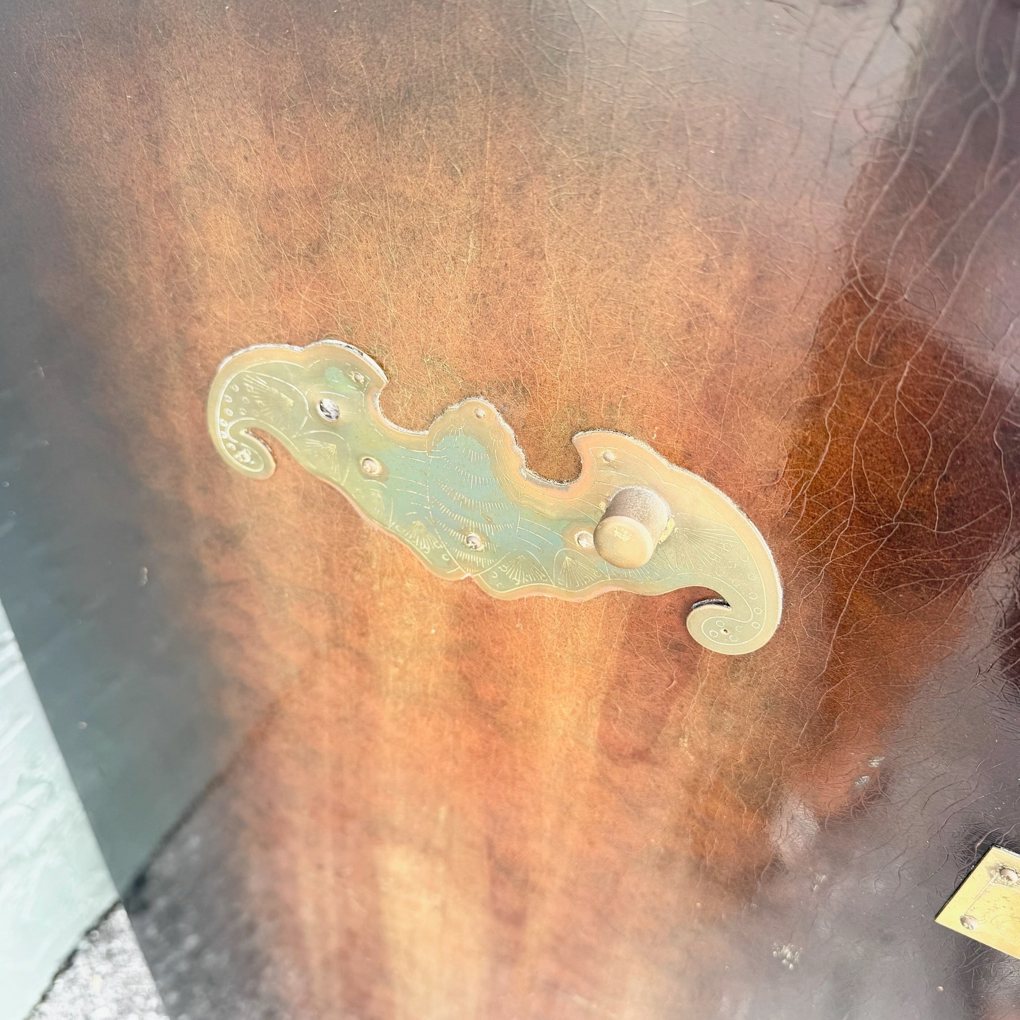 Vintage Chinese Burlwood and Brass Highboy Dresser Dolphin & Flamingo