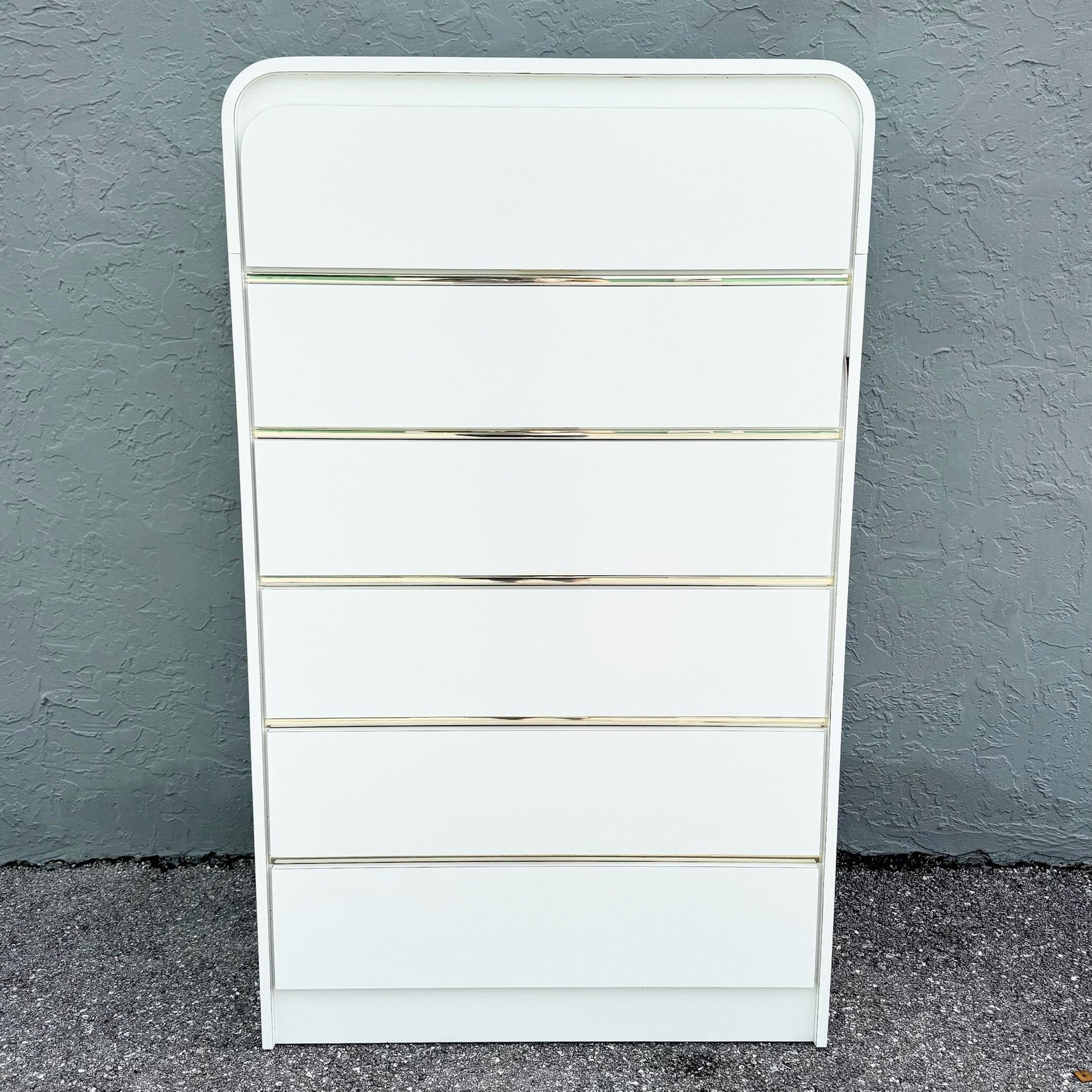 Postmodern White Gloss Laminate Waterfall Highboy Dresser Dolphin & Flamingo