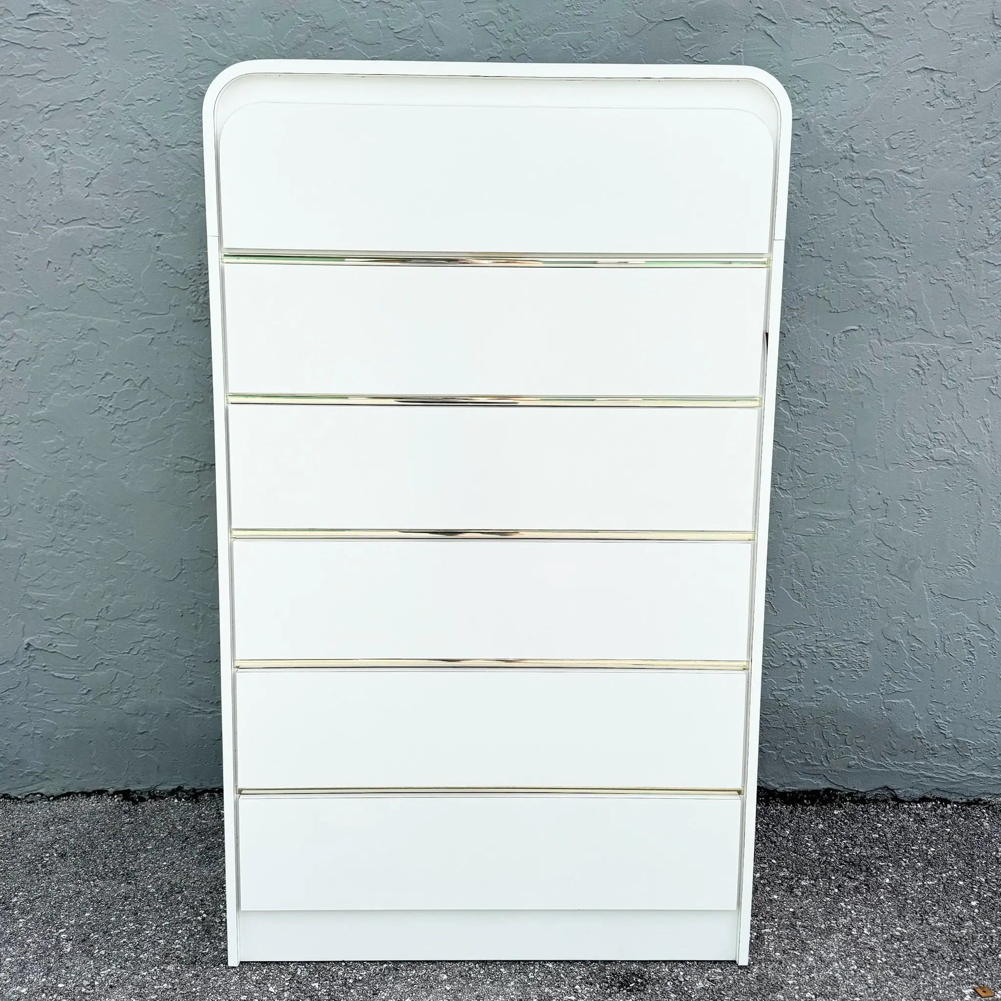 Postmodern White Gloss Laminate Waterfall Highboy Dresser