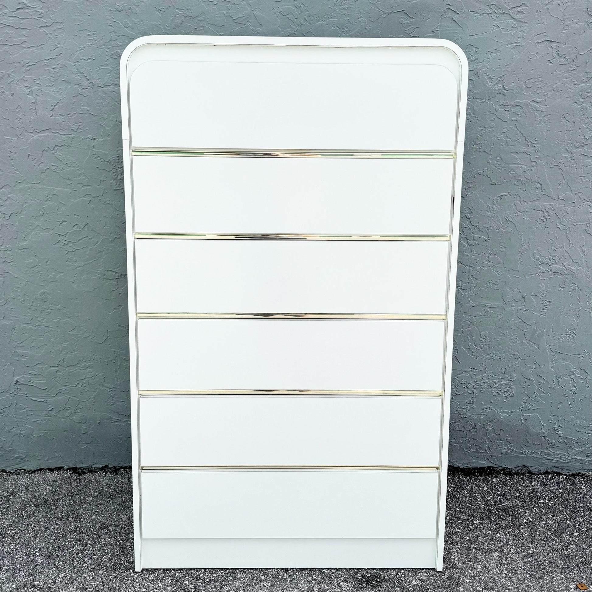Postmodern White Gloss Laminate Waterfall Highboy Dresser Dolphin & Flamingo