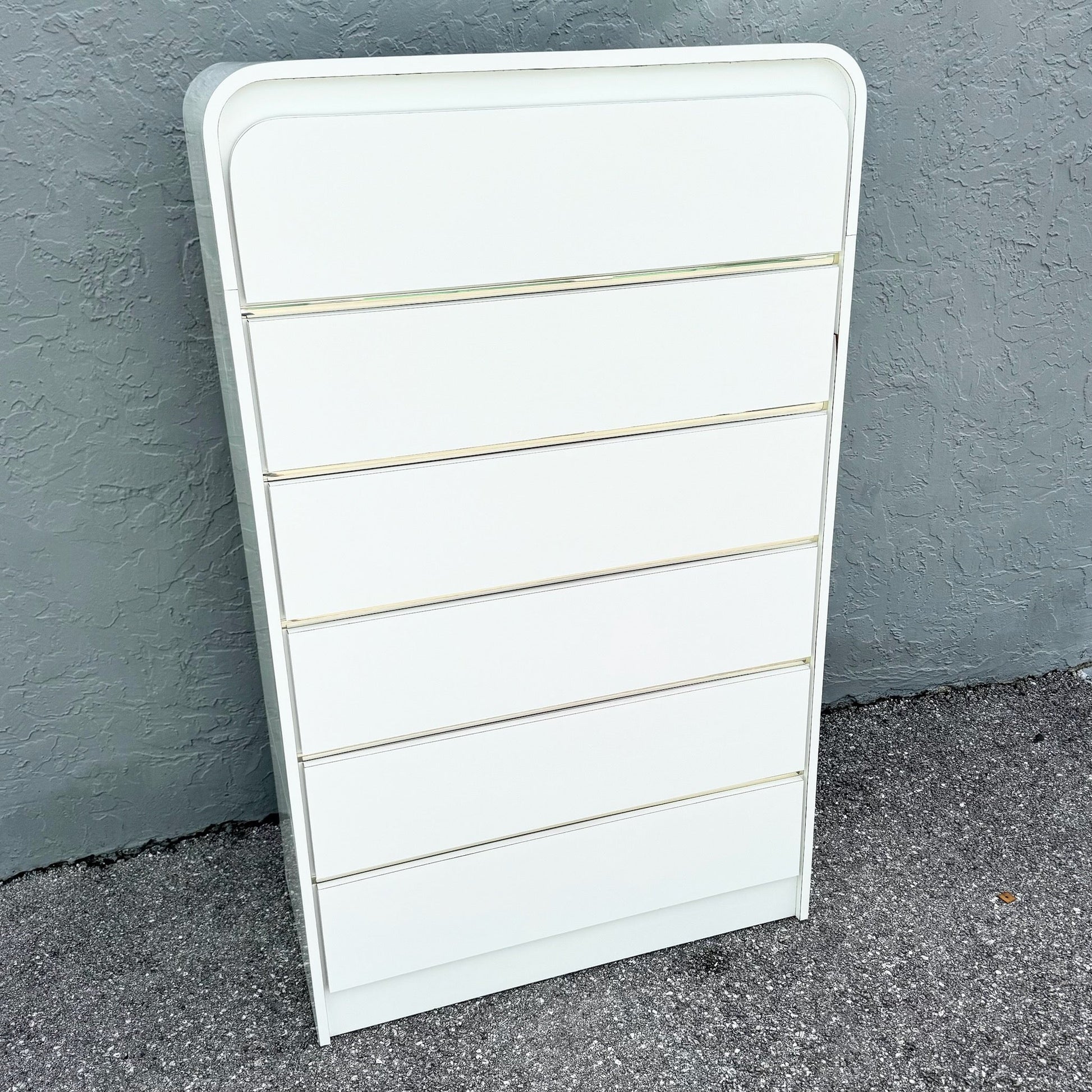 Postmodern White Gloss Laminate Waterfall Highboy Dresser Dolphin & Flamingo