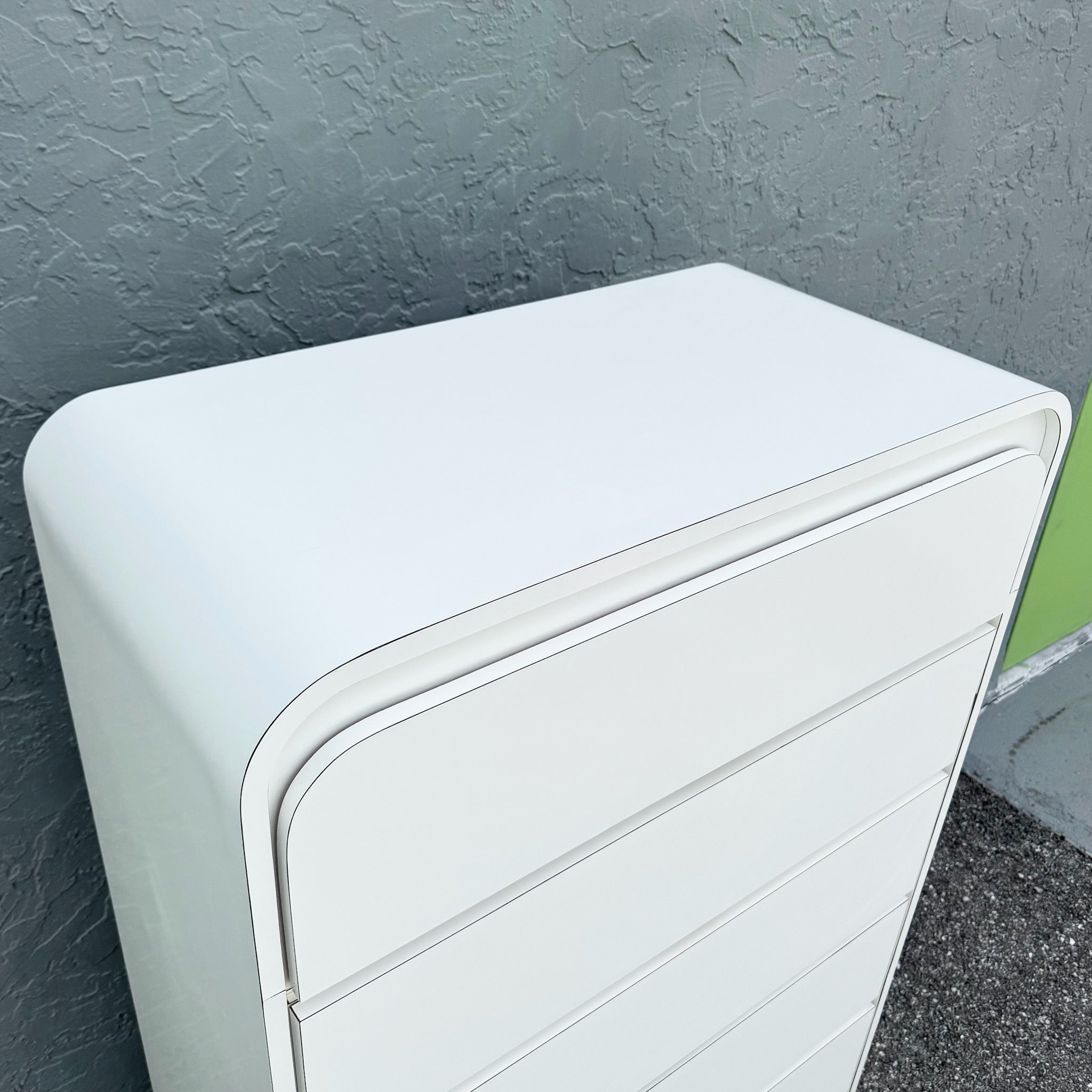 Postmodern White Gloss Laminate Waterfall Highboy Dresser Dolphin & Flamingo