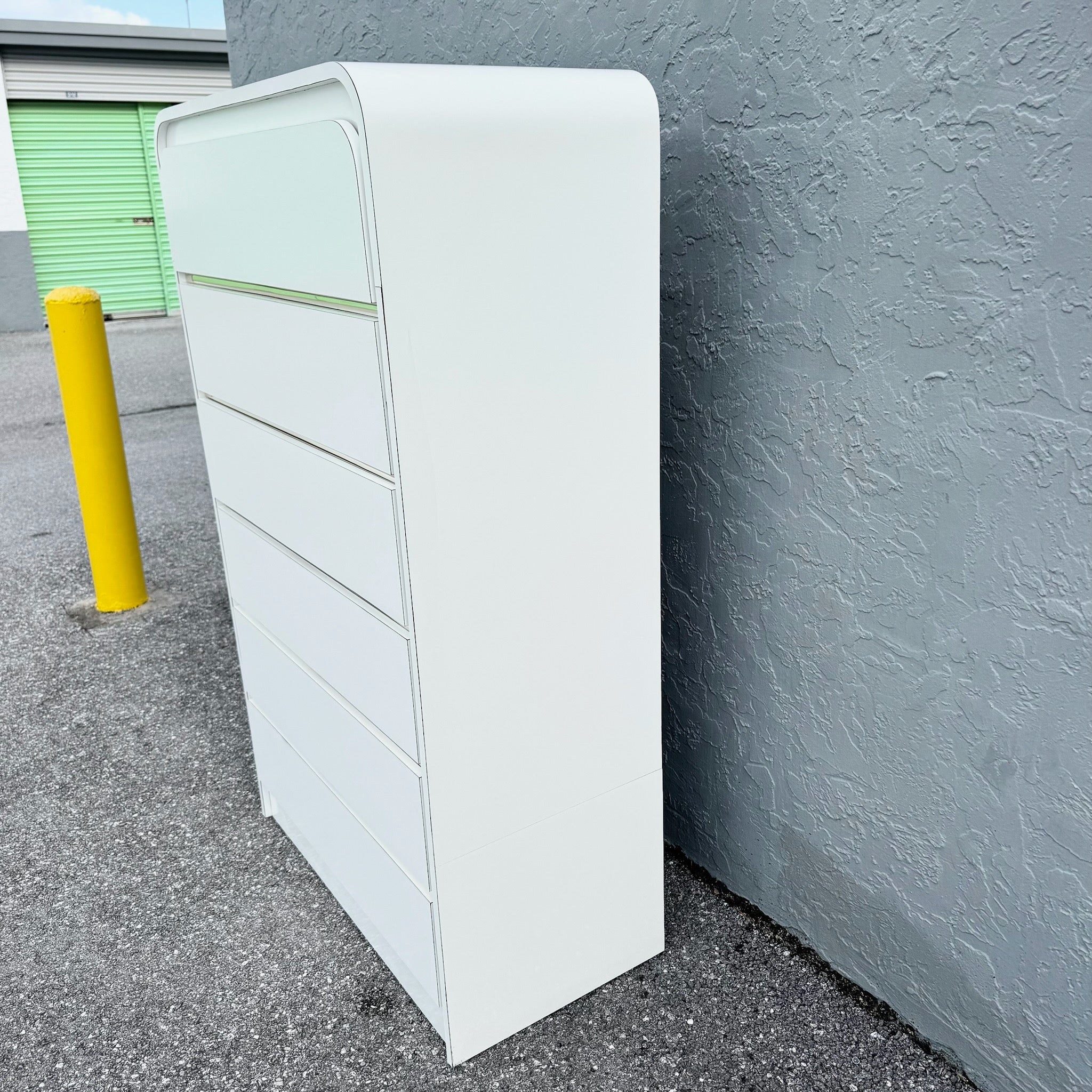 Postmodern White Gloss Laminate Waterfall Highboy Dresser Dolphin & Flamingo