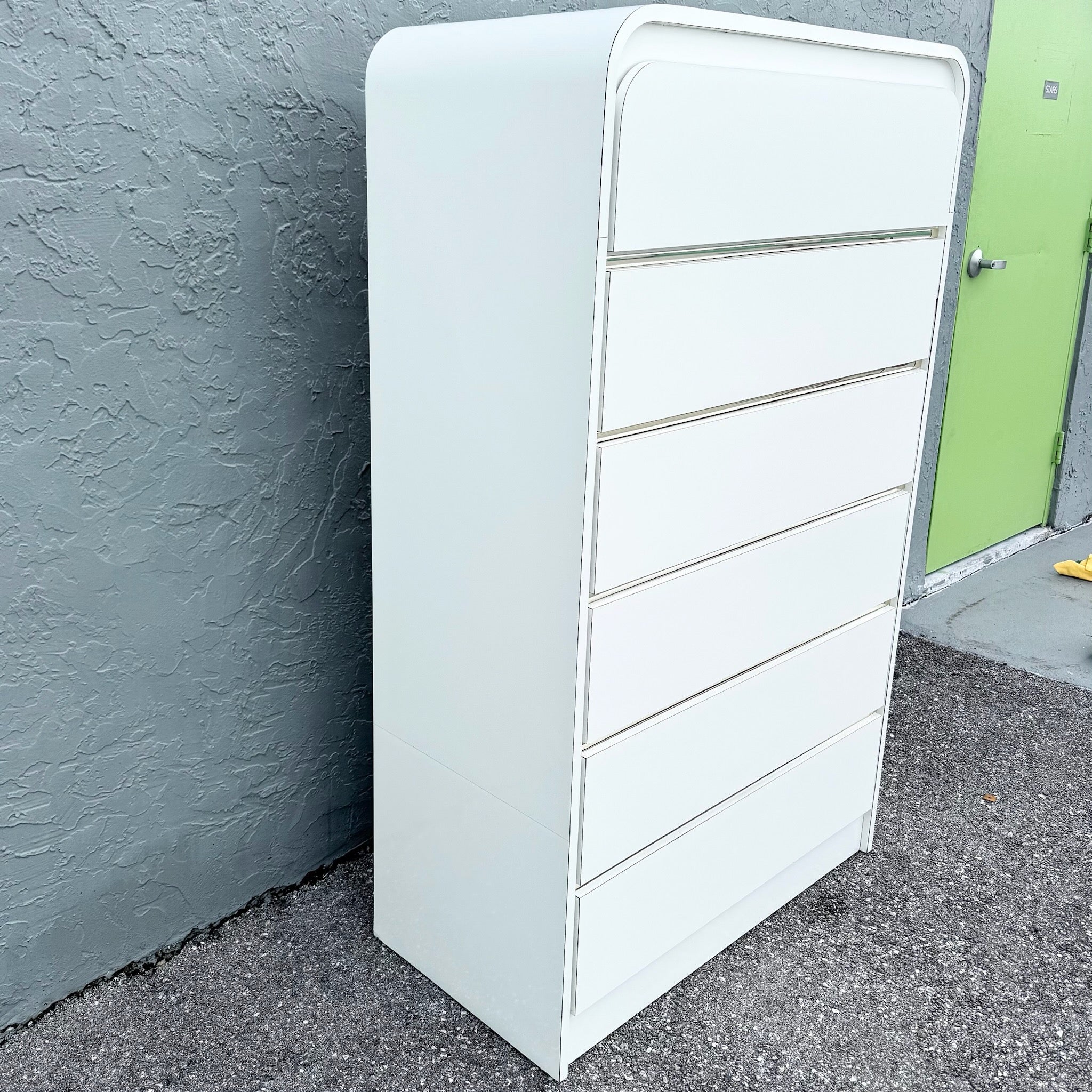 Postmodern White Gloss Laminate Waterfall Highboy Dresser Dolphin & Flamingo
