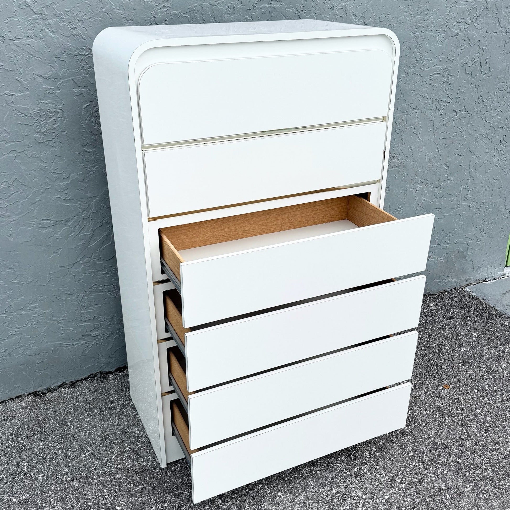 Postmodern White Gloss Laminate Waterfall Highboy Dresser Dolphin & Flamingo