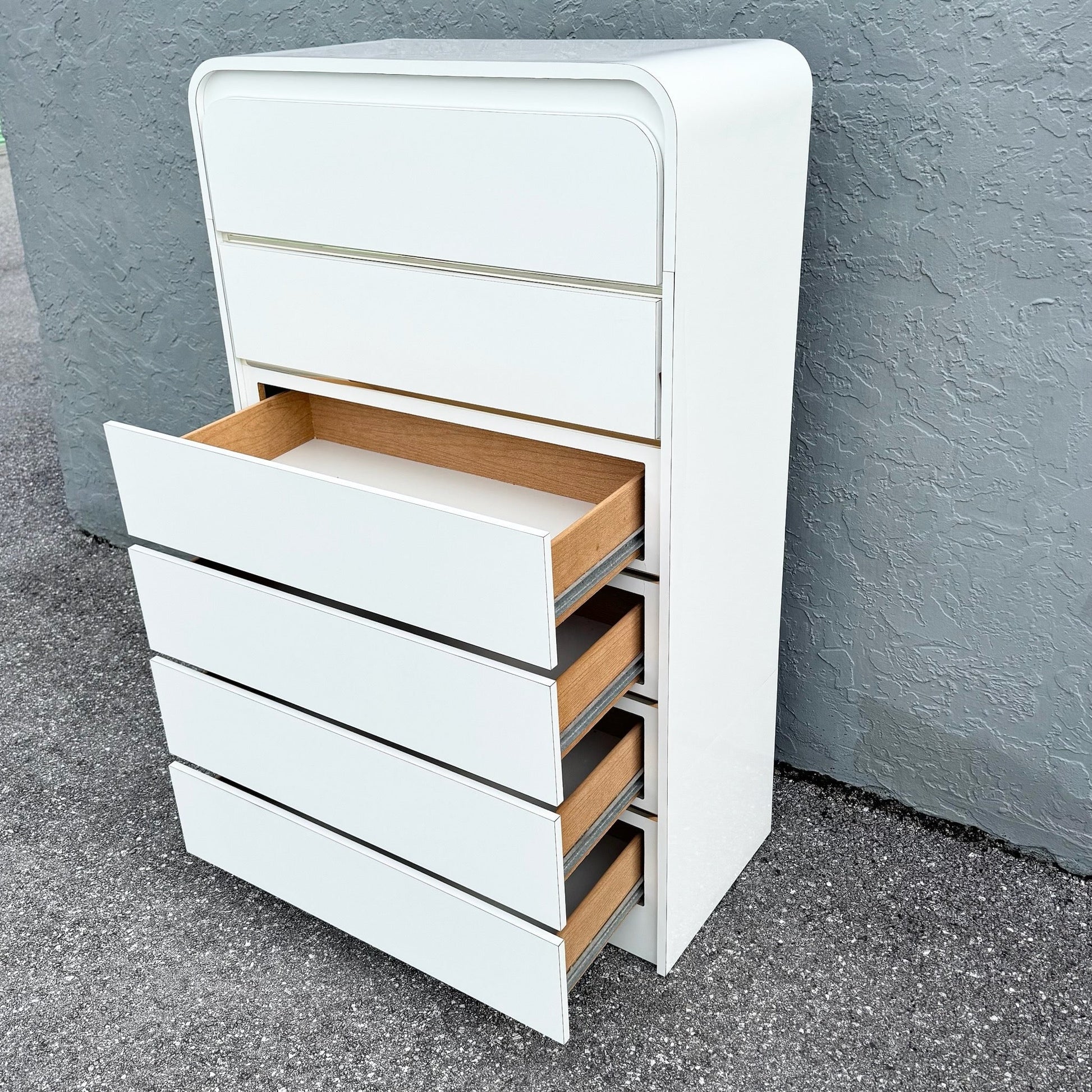 Postmodern White Gloss Laminate Waterfall Highboy Dresser Dolphin & Flamingo