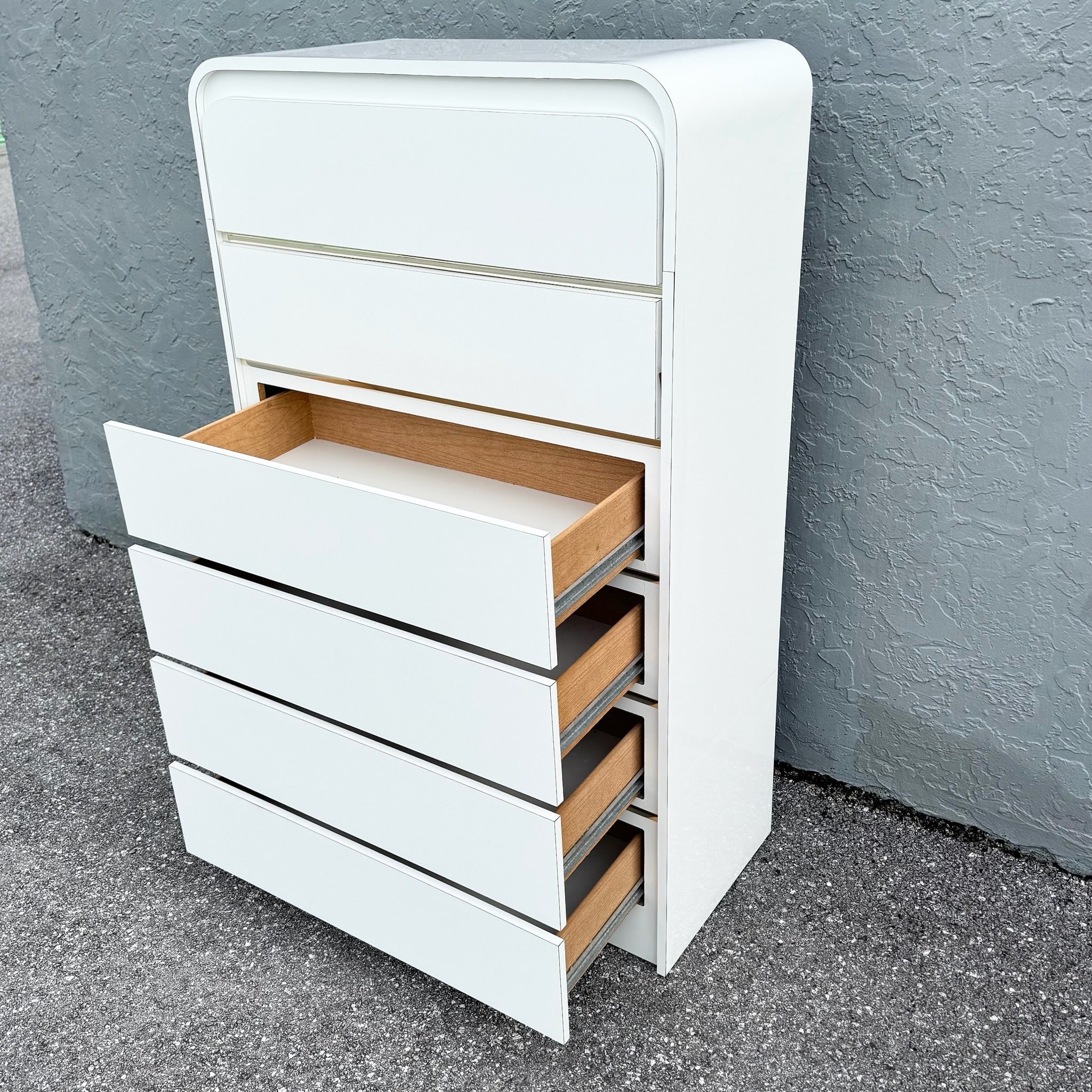 Postmodern White Gloss Laminate Waterfall Highboy Dresser Dolphin & Flamingo