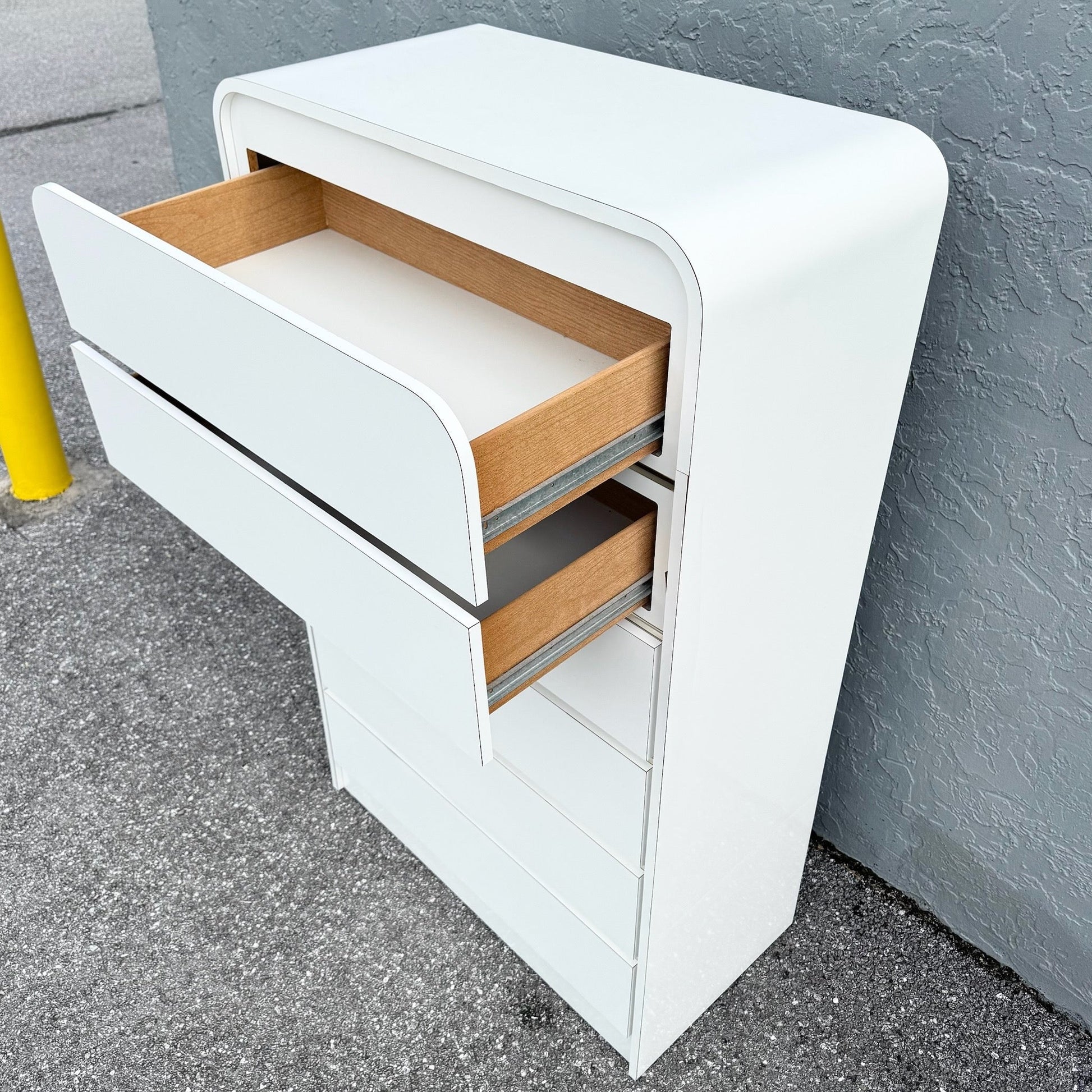 Postmodern White Gloss Laminate Waterfall Highboy Dresser Dolphin & Flamingo