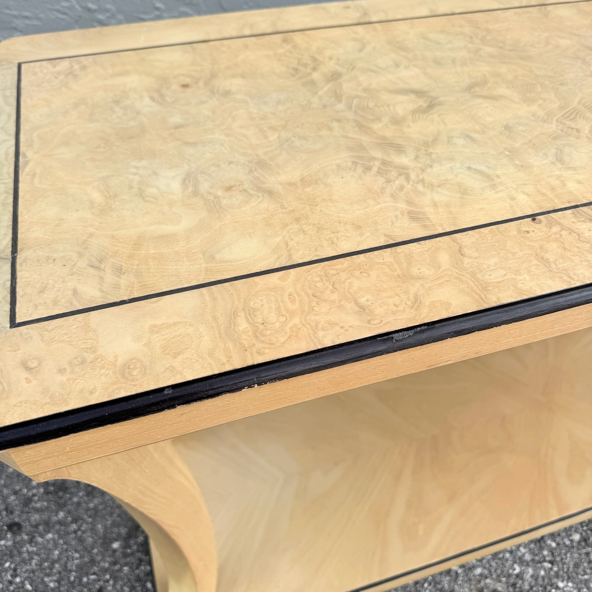 Vintage Art Deco Burlwood Console Table Dolphin & Flamingo