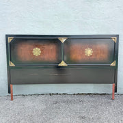 Vintage Chinese Burlwood and Brass King Headboard Dolphin & Flamingo