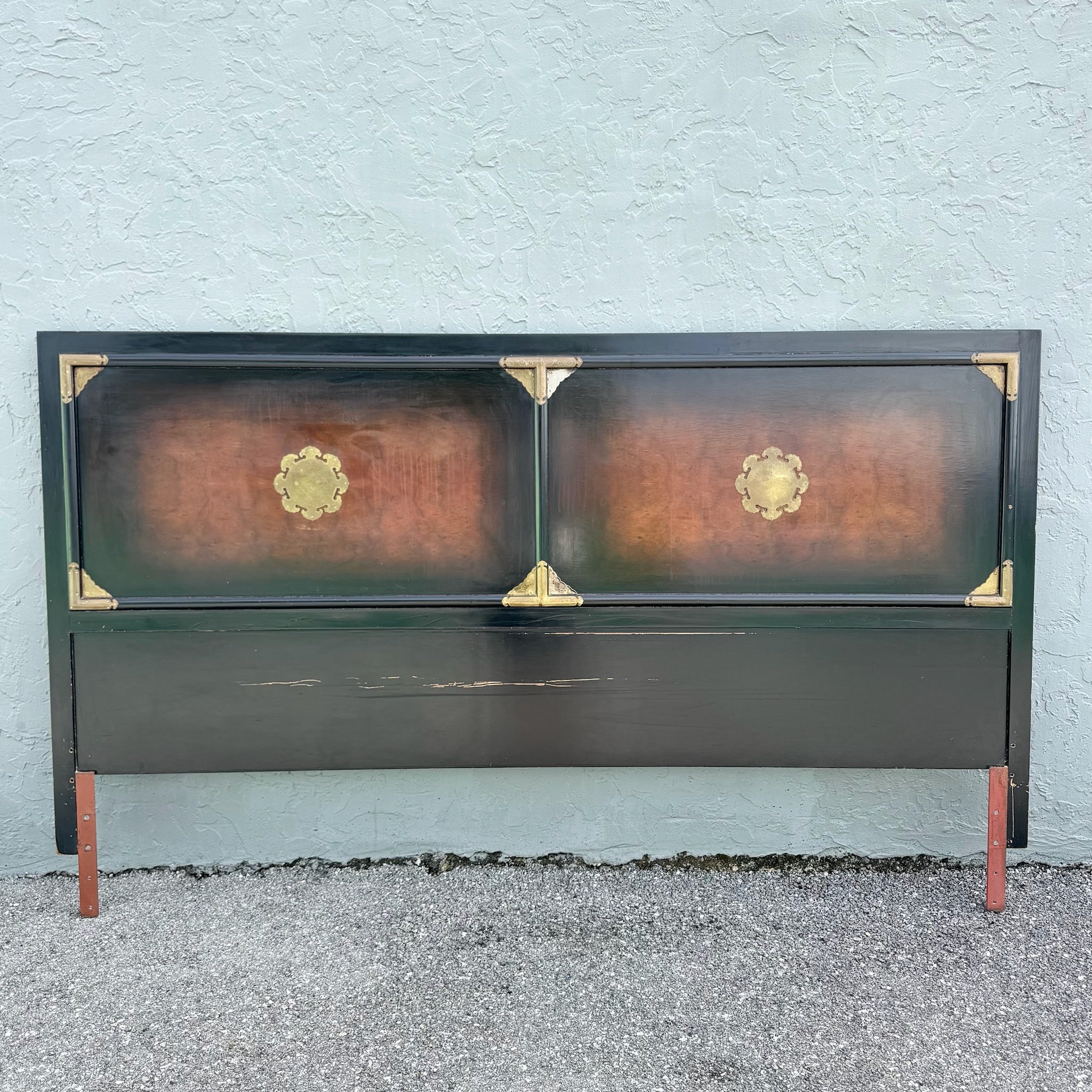 Vintage Chinese Burlwood and Brass King Headboard Dolphin & Flamingo