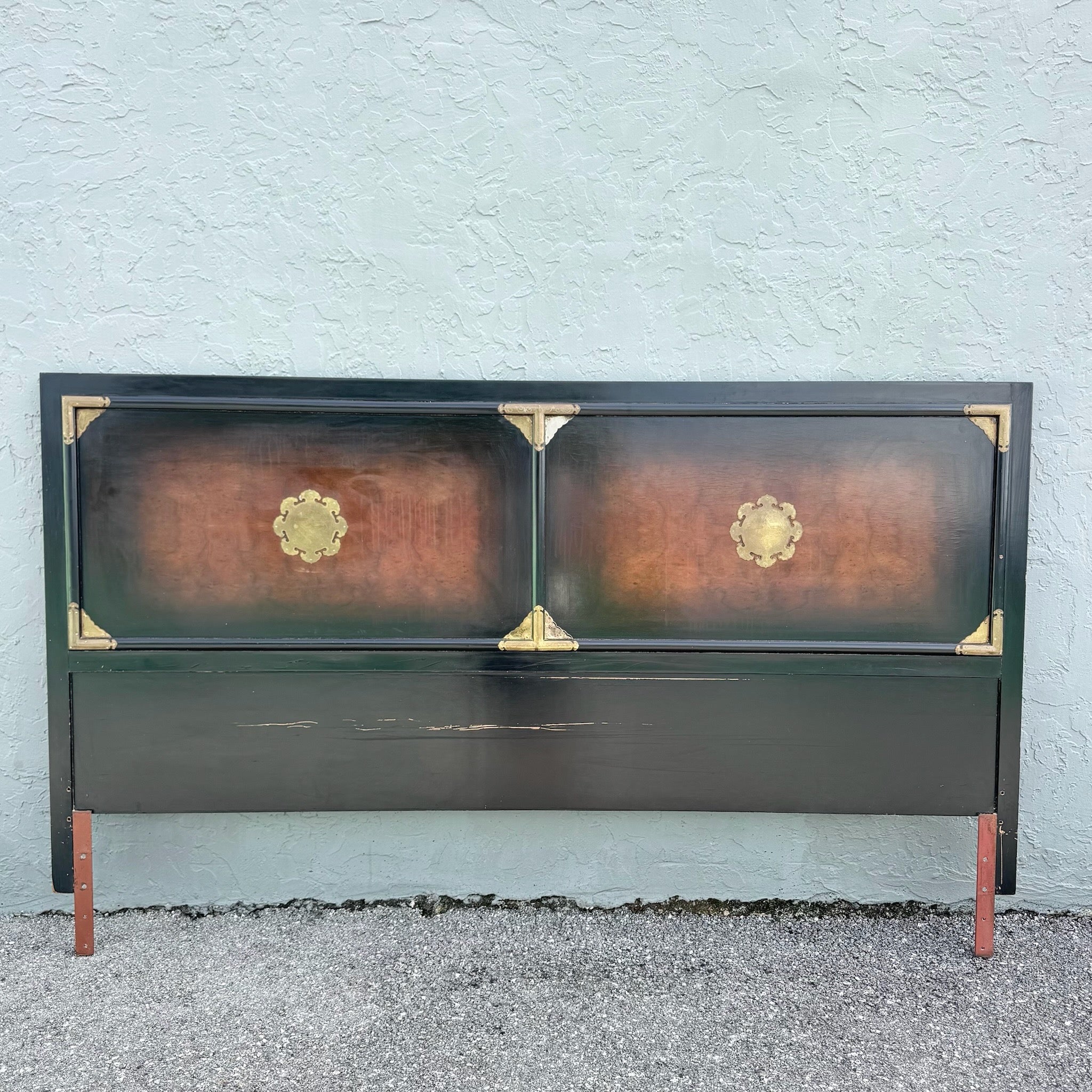 Vintage Chinese Burlwood and Brass King Headboard Dolphin & Flamingo