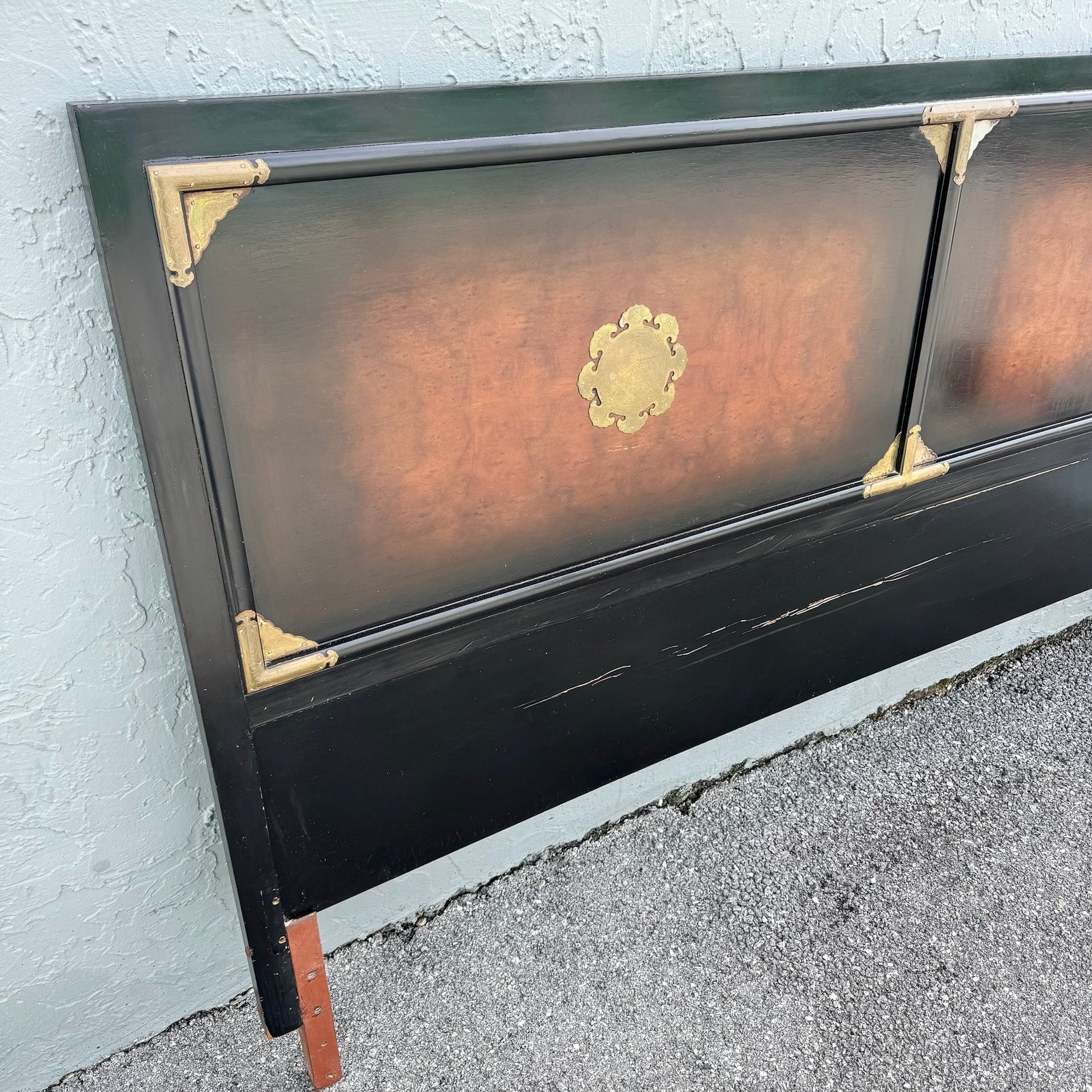Vintage Chinese Burlwood and Brass King Headboard Dolphin & Flamingo
