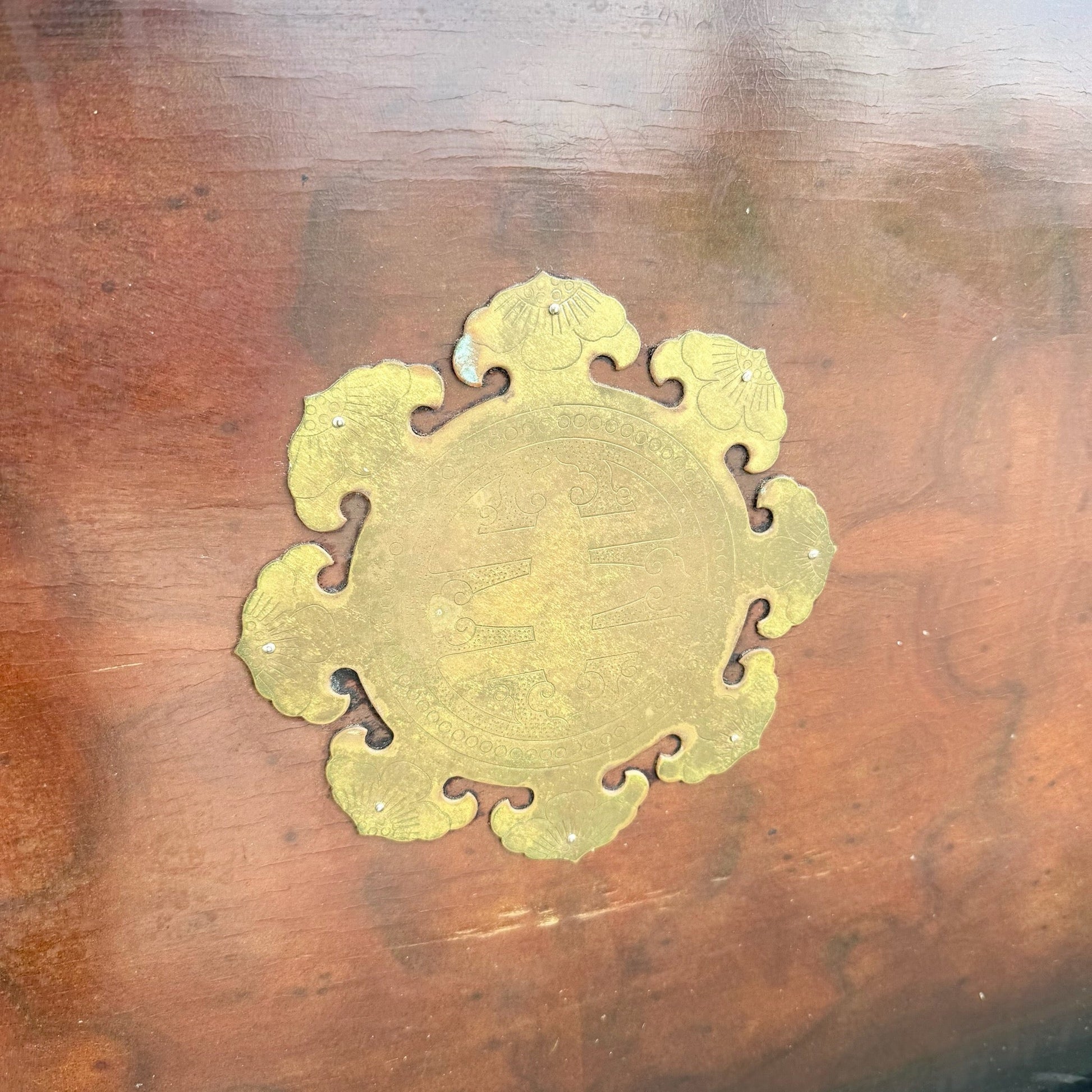 Vintage Chinese Burlwood and Brass King Headboard Dolphin & Flamingo